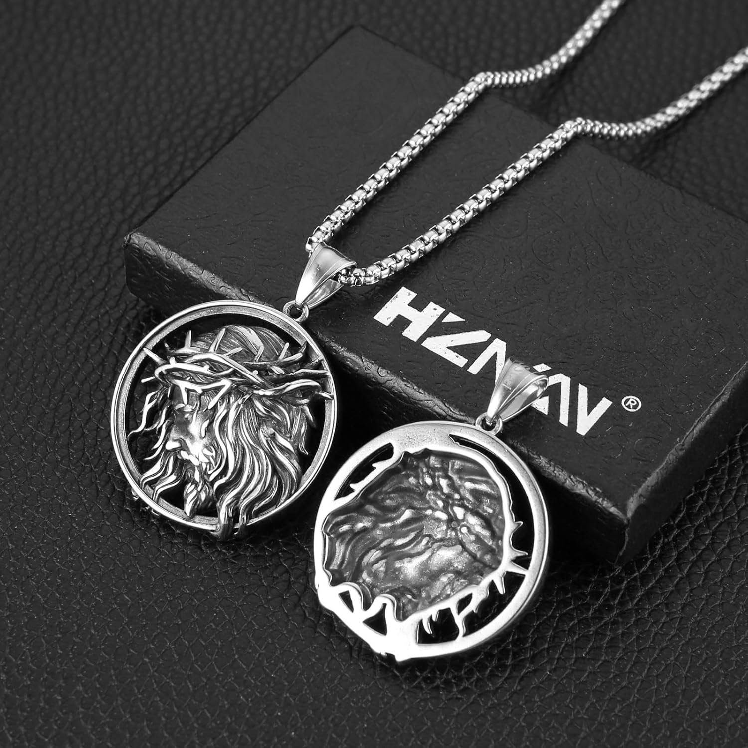HZMAN Mens Stainless Steel Crown of Thorns Head of Jesus Christ Pendant Necklace Round Medal Prayer Pendant with 24 Inch Chain - Image 4