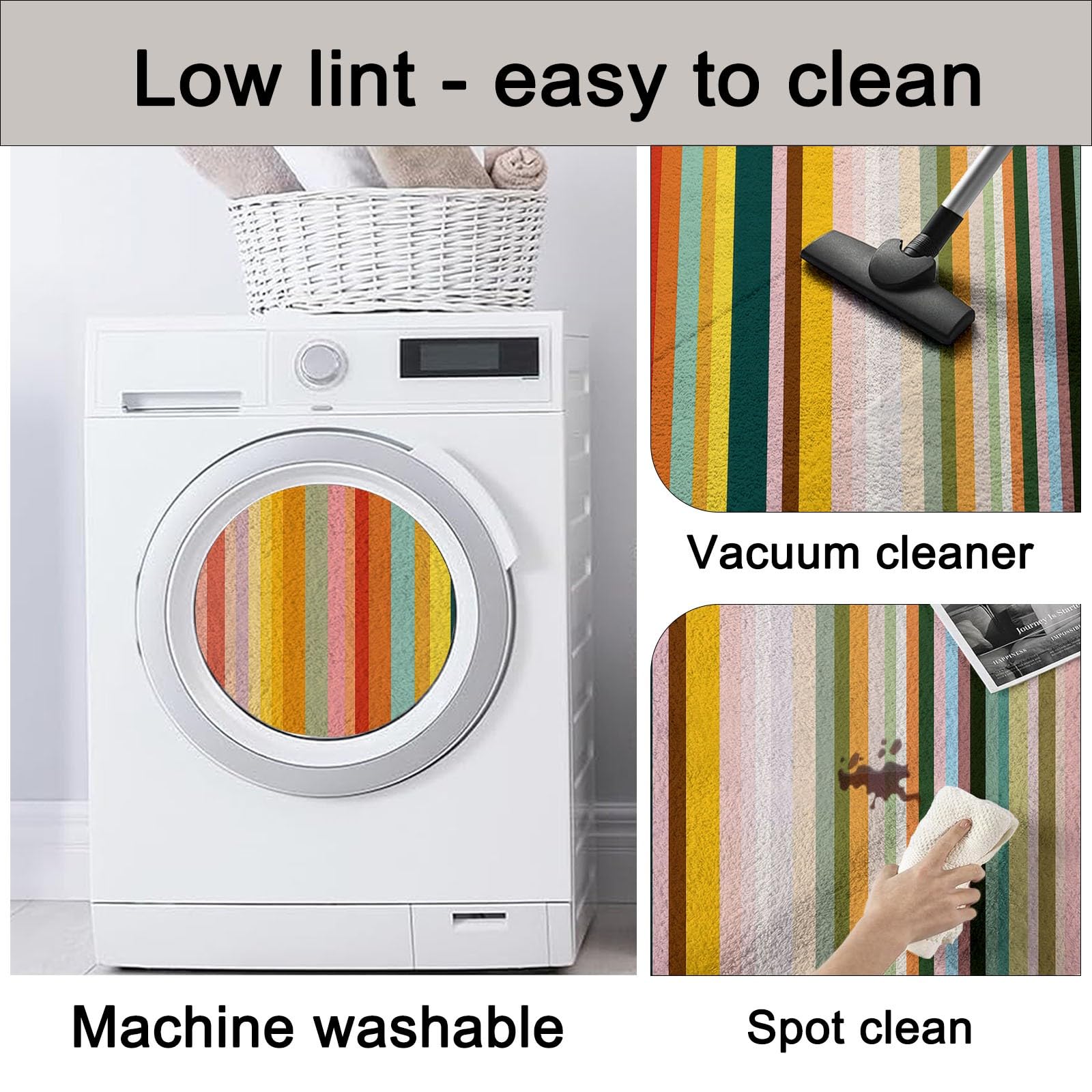 Tappeto rotondo a pelo basso, 90 cm, motivo astratto, motivo arcobaleno a righe, per sotto il tavolo, moderno, alla moda, lavabile, antiscivolo, per sala da pranzo e soggiorno, multicolore