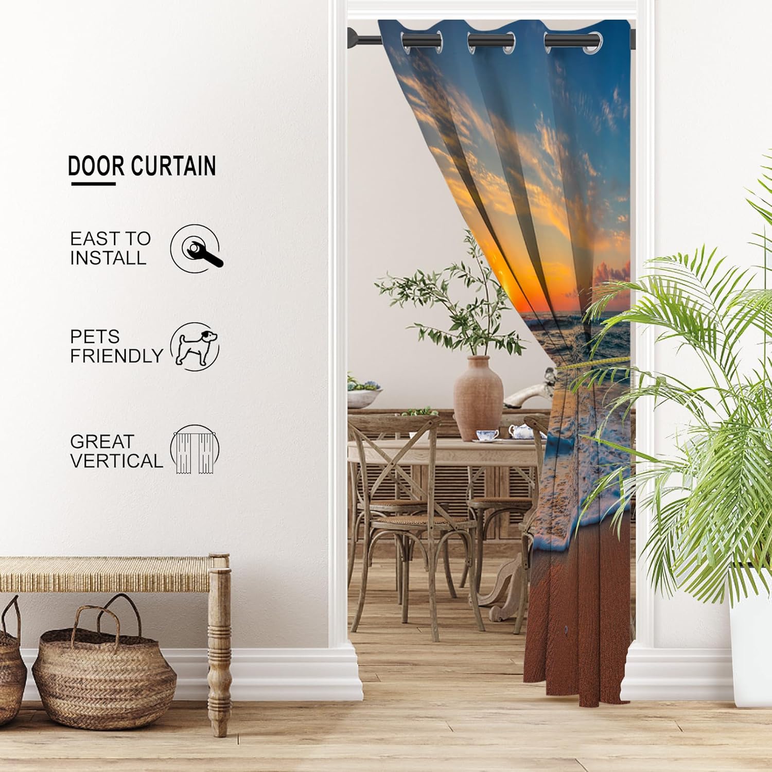 Ocean Beach Door Curtains for Doorways, Hawaiian Coastal Ocean Wave Sunset Blackout Curtain for Kids Bedroom Closet, Grommet Thermal Insulated Privacy Door Drapes for Room Divider, 34" W x 80" L