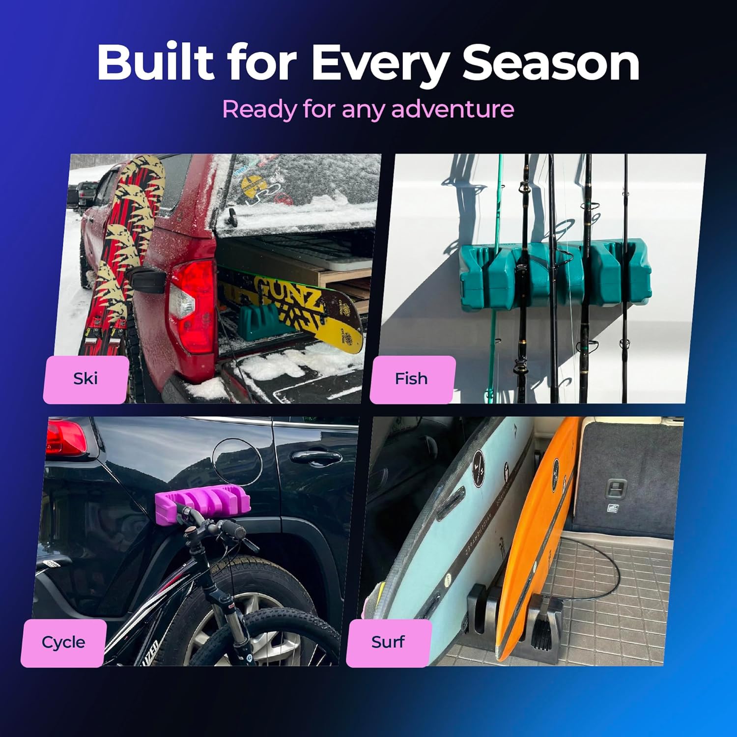 Magnetic Ski & Gear Mount – Portable Holder for Skis, Snowboards, Fishing Rods & Bikes | Vehicle, Garage & Cargo Organizer | Made in USA | Lavender | 2-Pack