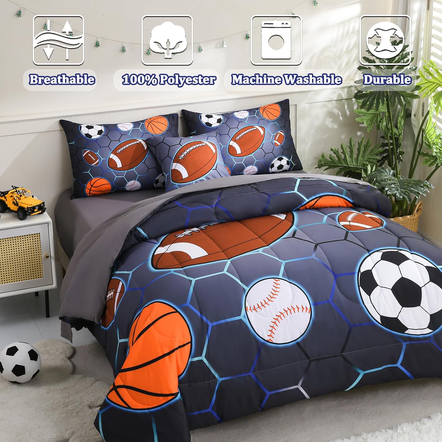 6 Pcs Bed in A Bag Full Size Comforter Sets for Boys,Sports Bedding Sets with Sheets for Kids Teens - Image 2