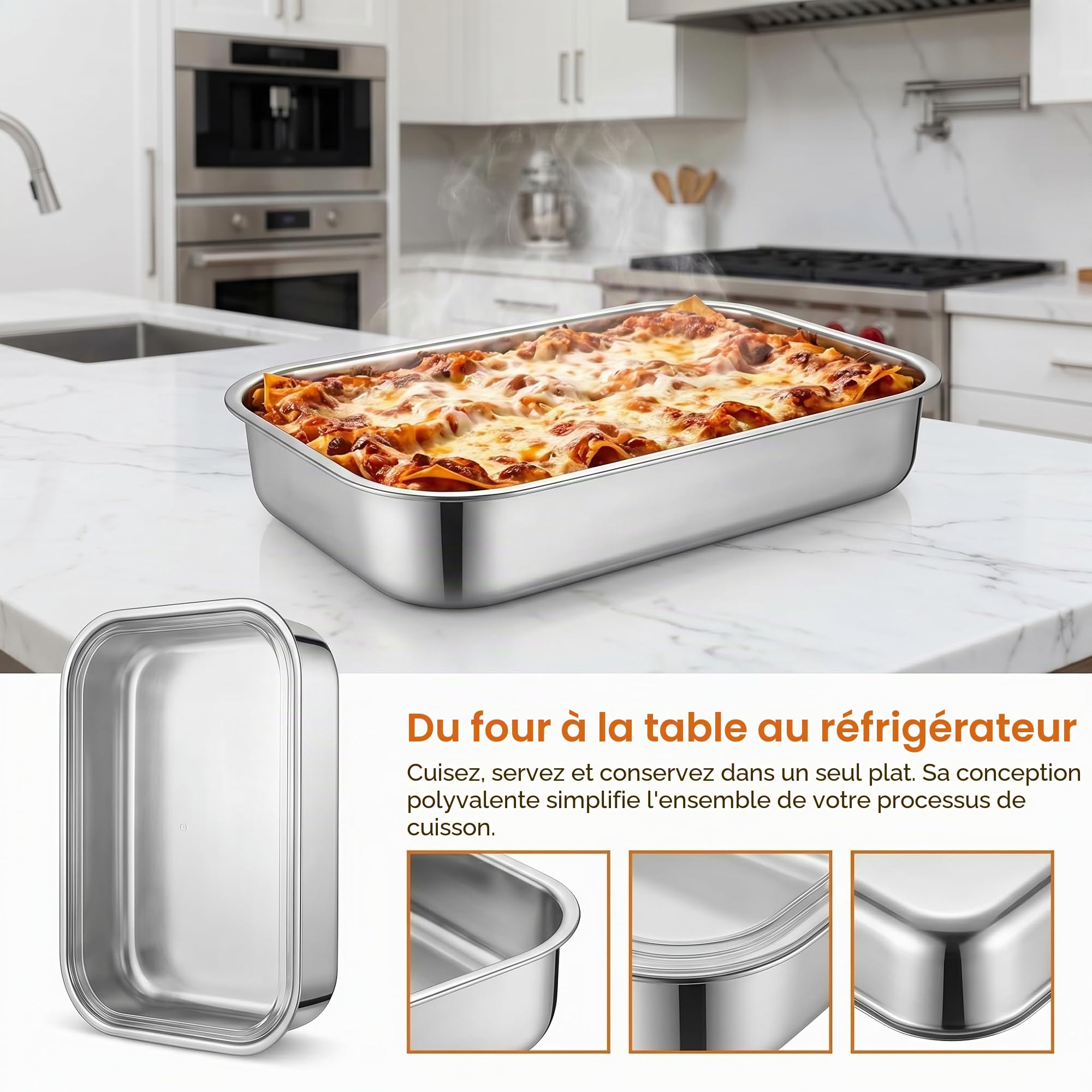 Plaque de Cuisson avec Couvercle 31 x 24 x 5 cm Récipients Alimentaires Plaque de Cuisson en Acier Inoxydable avec Couvercle Hermétique Moule à Gâteau Carré pour Desserts Tiramisu