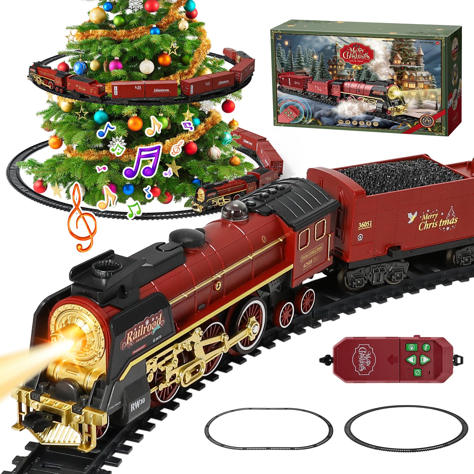 Remote Control Train Set,Electric Train Set for Kids Electric Steam Locomotive,Cargo Cars & 2.2M Tracks,Realistic Smoke,Sounds & Lights,Toys for 3 4 5 6 7 Year Old Boy Girls Christmas Birthday Gifts
