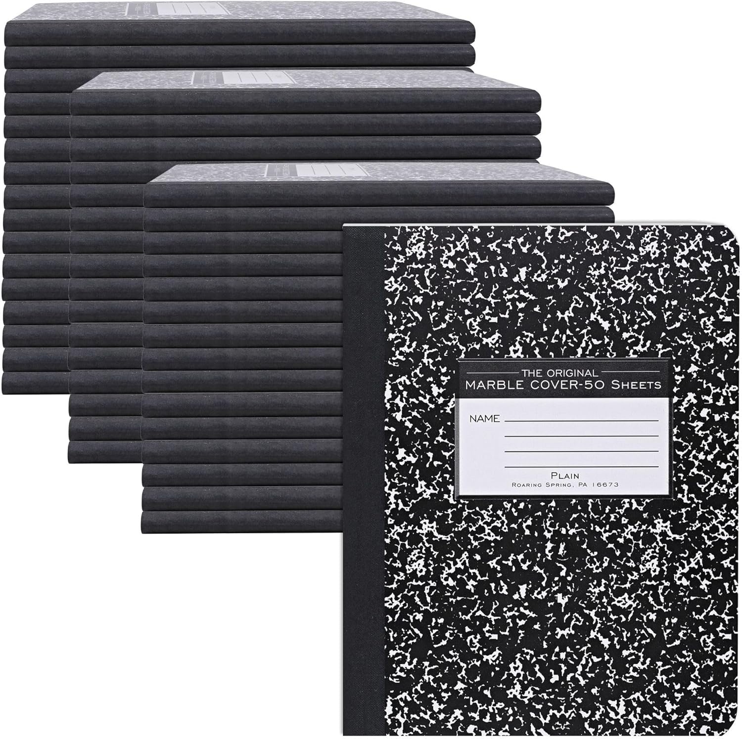 ROARING SPRING Hard Cover Composition Notebook, 48 Pack, Black Marble Comp Book, 9.75″ x 7.5″, Unruled Blank Paper, 50 Sheets (100 Pages), Made in USA