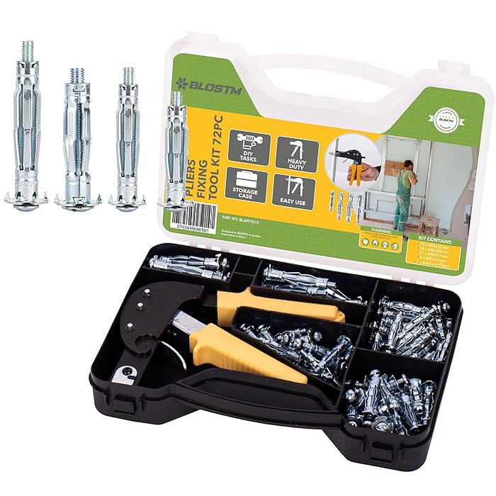 Buy BLOSTM 72pc Hollow Wall Fixings & Wall Anchor Setting Tool Rivet