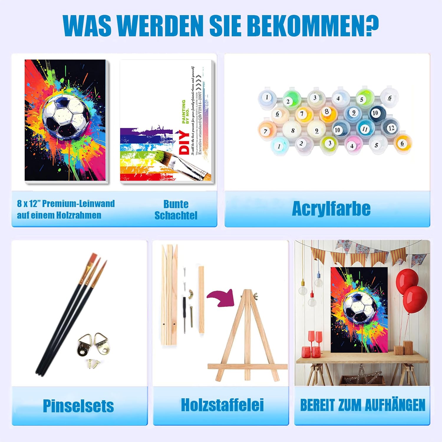 Pujeknm Football Painting by Numbers from 5 6 7 Years Boy with Frame - Wooden Easel, Ball Sports, Paint by Numbers for Children, Acrylic Paints with as a Gift, Medium 30 x 20 cm