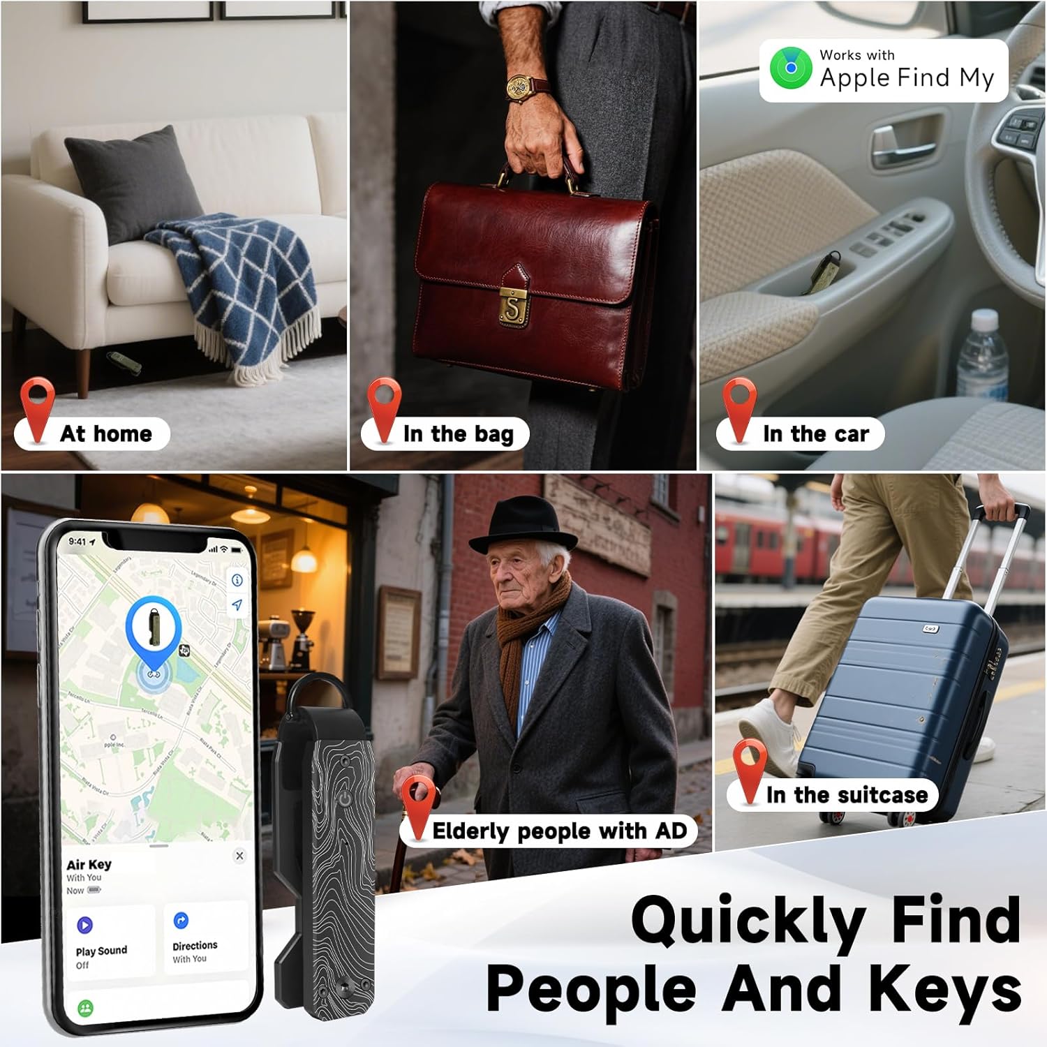Keychain, Works with Apple Find My (iOS Only), Minimalist Metal Compact Key Organizer, Car Key Chains with GPS Tracker, Key Finder, Key Holder for Keychain, Up to 5 Keys, Striped Black
