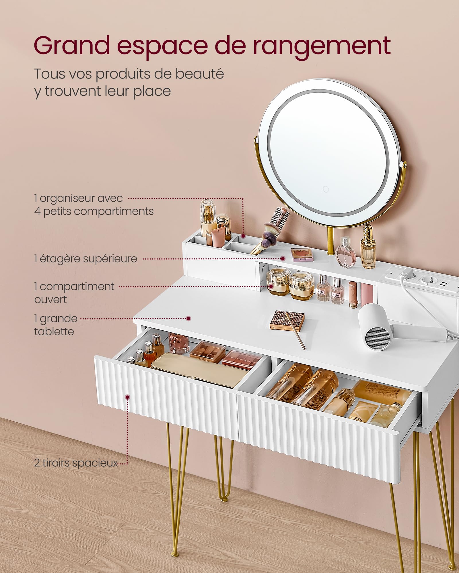 VASAGLE Coiffeuse avec Miroir Pivotant et Taboutret, Miroir Coiffeuse, avec Éclairage et Multiprise, Tabouret Rembourré, pour Chambre, Coiffeuse, 40 x 80 x 134,8 cm, Blanc Mat et Doré Clair RVT019W01