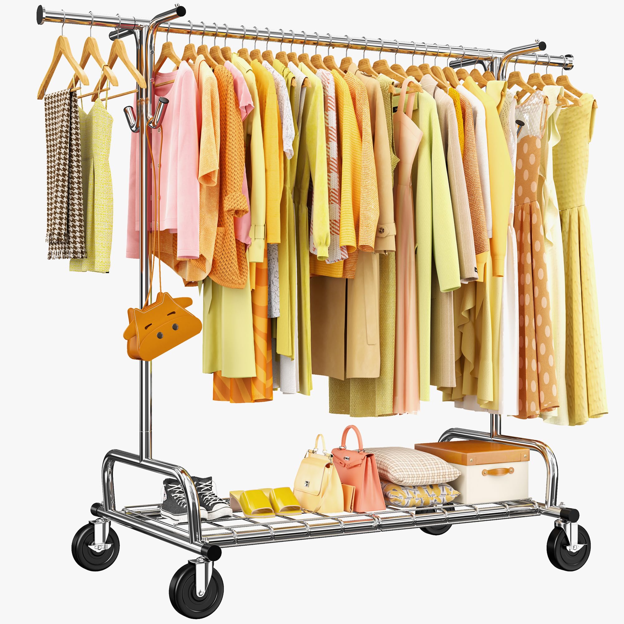 Raybee Clothing Rack,440LBS Heavy Duty Clothes Rack with Shelf and Hooks Adjustable Rolling Clothes Rack Portable Garment Rack, Chrome