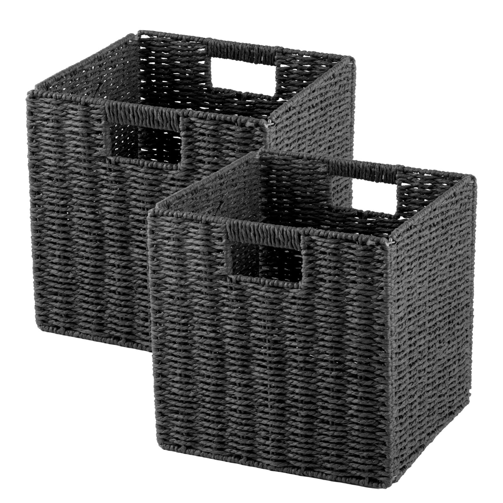 LN COZY CORNER 2-Pack Faux Wicker Storage Baskets with Handles Foldable Organizer Bins for Shelves, Cube Storage Home Decor Ideal for Toys Laundry & Closet Organization (Black, L)