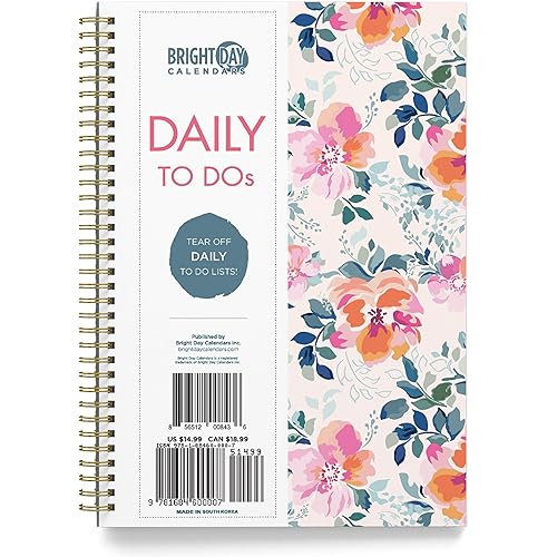 To Do List Daily Task Checklist Planner Time Management Notebook by Bright Day Non Dated Flex Cover Spiral Organizer 8.25 x 6.25 (Floral)