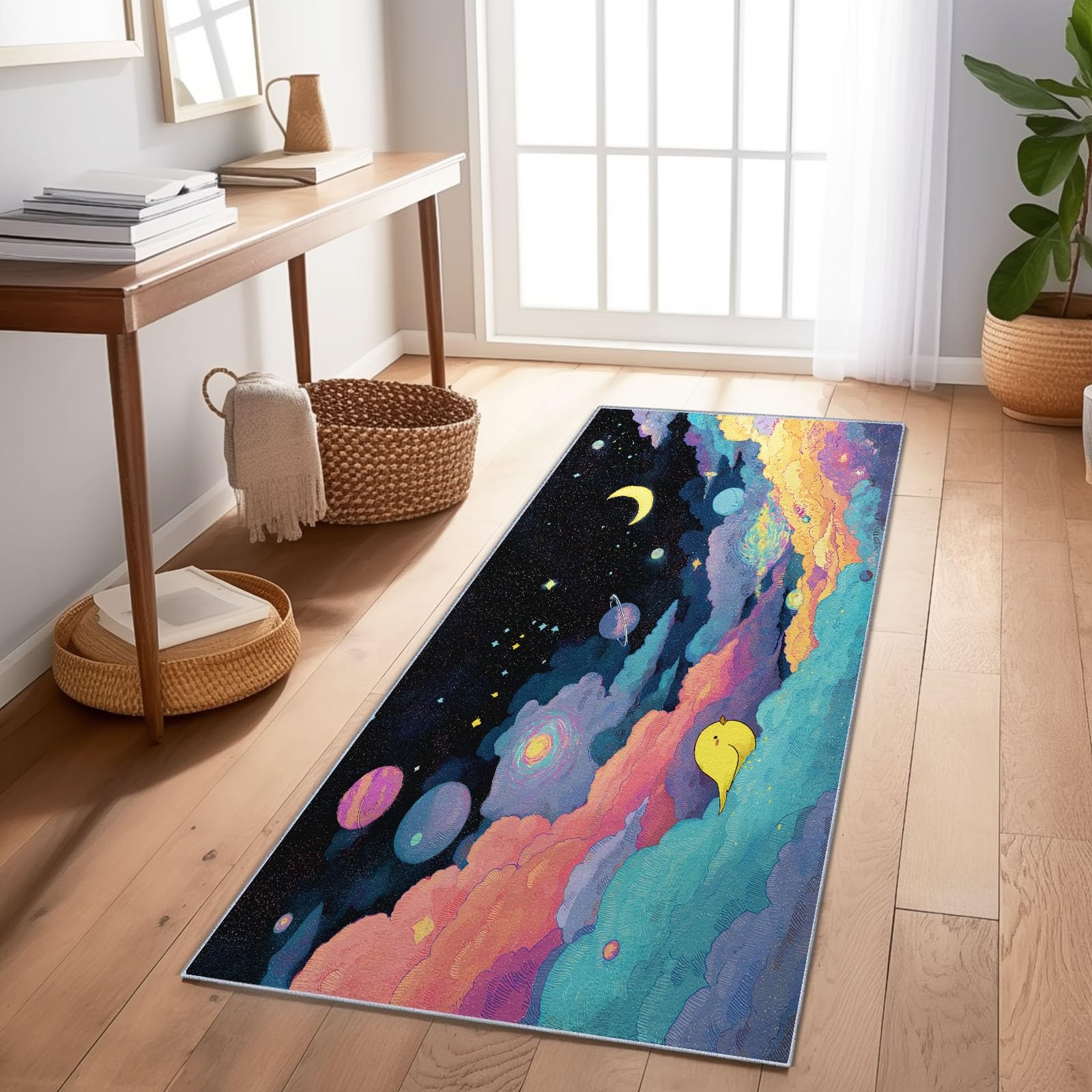 Generisch Teppich läufer Flur rutschfest Kleiner Gelber Vogel Wolken & Planeten, Küchenteppich Waschbar 60 x 240 cm, Korridor Teppich Lang, Vogel Wolken Küchenläufer für Kinderzimmer, Blau Gelb