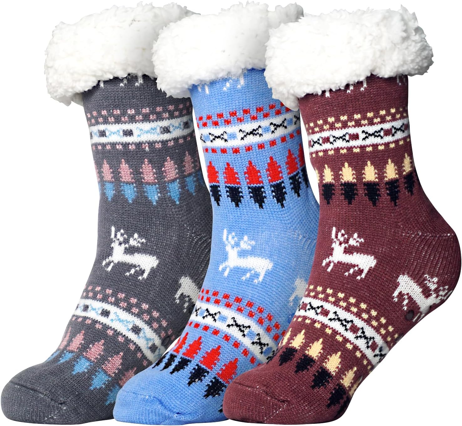 WORLD-BIO Winter Christmas Slipper Socks for Women – 3-Pair Non-Skid Silicone Grip Floor Socks, Cozy Fuzzy Cabin Socks, Size 5-11, Cozy Christmas Gift Socks, Machine Washable