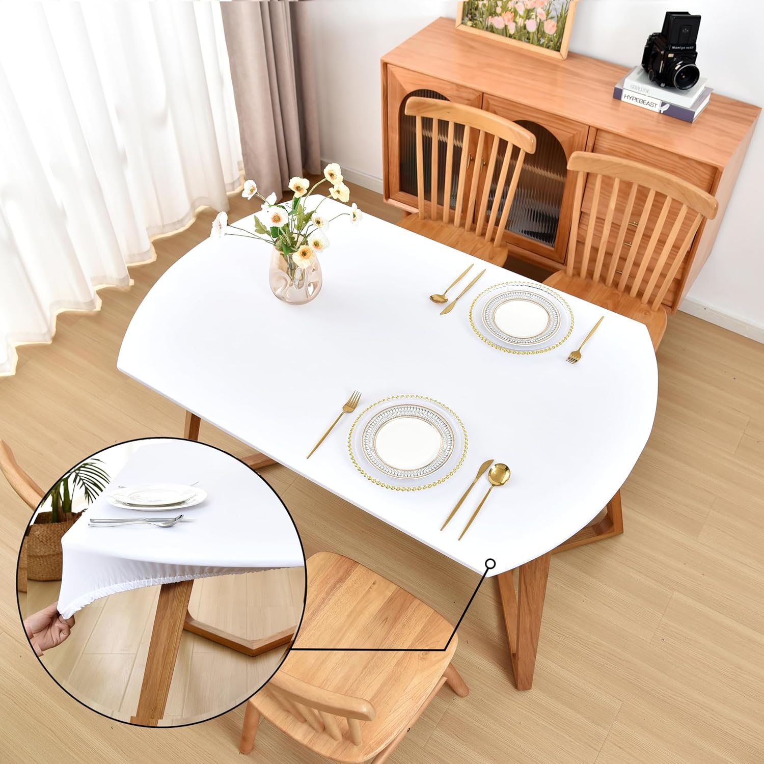 Amonsa Oval White Fitted Tablecloth with Elastic 48x68 inch
