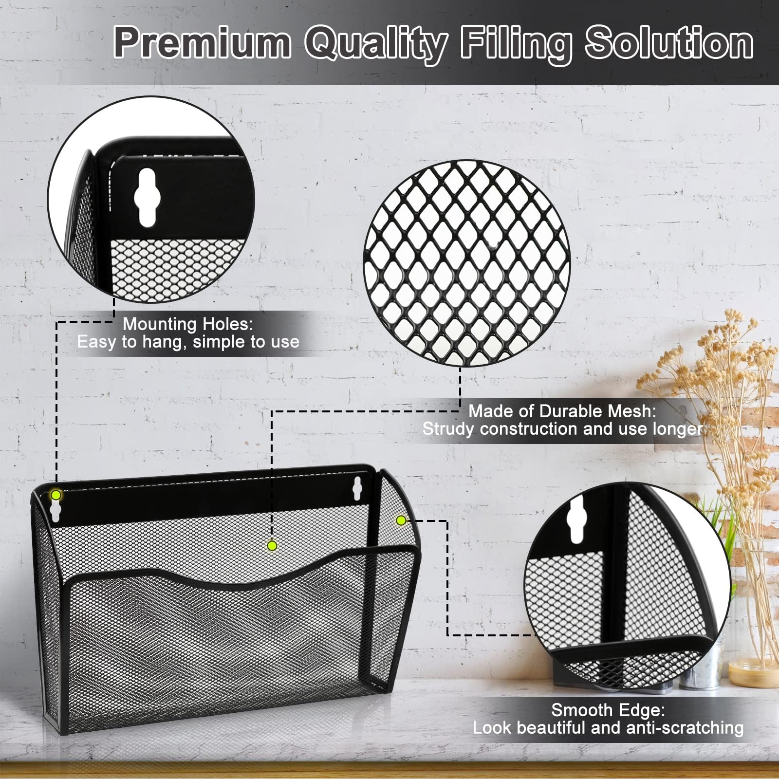 TQVAI 3 Taschen Metall Dokumenten Organizer Zeitschriftenhalter Wand Papier A4 Flyerhalter Postsortierer für Büro Zuhause Schule, Schwarz