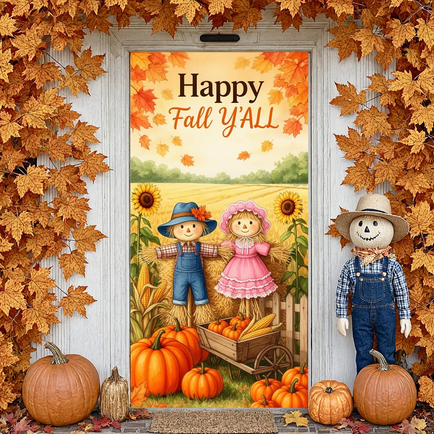 Fall Door Cover Happy Fall Y’all Door Banner Decorations Cute Scarecrow Pumpkin Sunflower Autumn Harvest Porch Sign Hanging Banner for Thanksgiving Rustic Party Farmhouse Home Indoor Outdoor Decor image 5