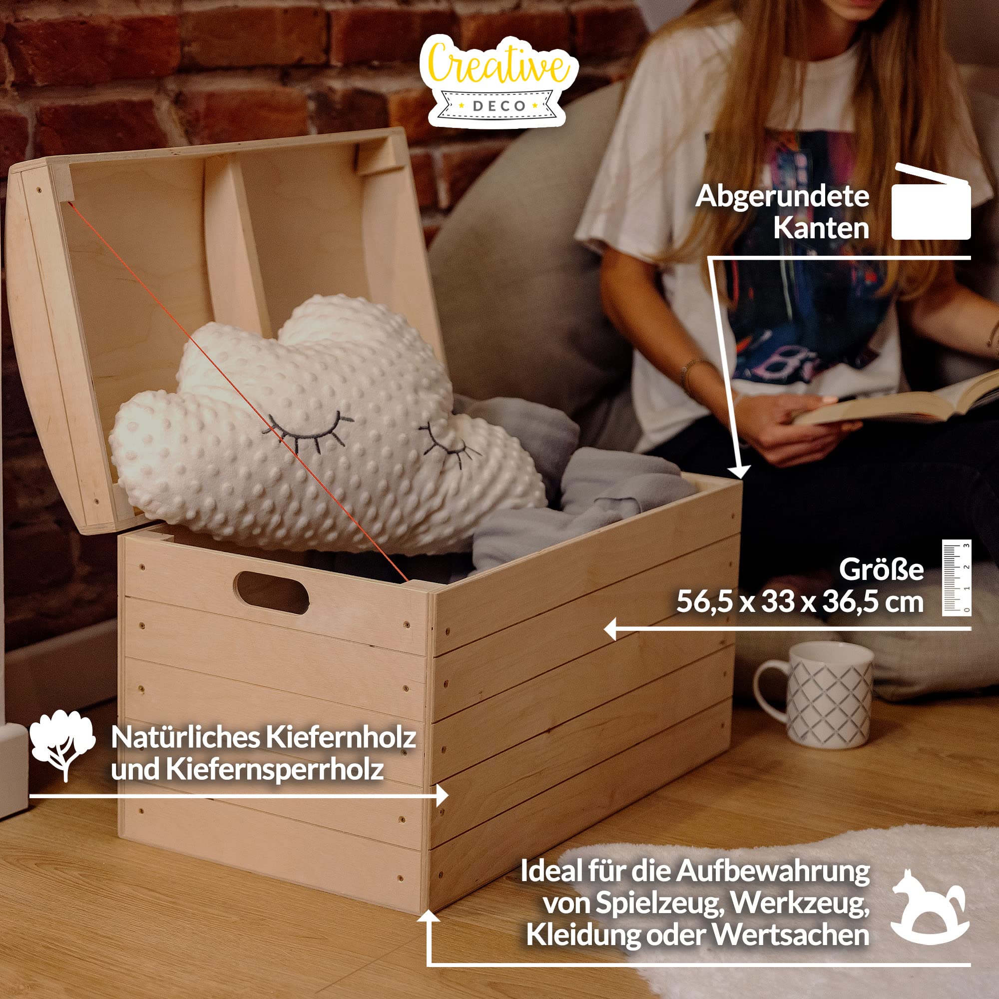 Creative Deco Große Holztruhe Holzkiste Truhenbank Piratentruhe | 56,5 x 33 x 36,5 cm | Schatztruhe mit Deckel und Griffen | Unbehandelt Piraten Kasten | Holzbox Kiste Spielzeugkiste Truhe Holz