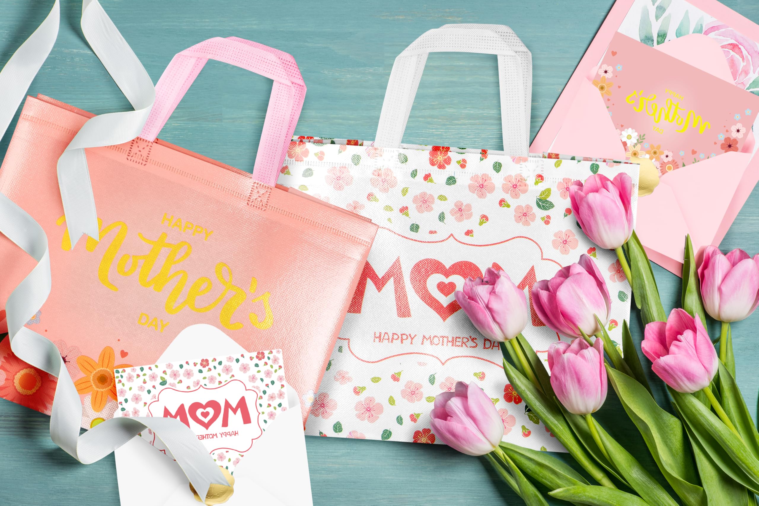 Jaywayang 2Pcs 12.6" Happy Mother's Day Gift Bags with Tissue Paper, Envelope and Card, Reusable Non-Woven Bag with Handles for Mother's Day Party Supplies
