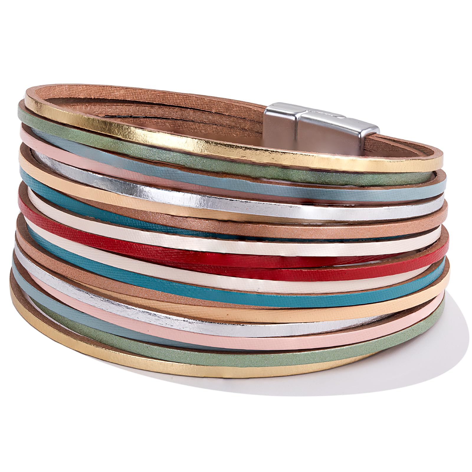 fancy shiny boho leather wrap bracelet stackable layered bangle cuff with magnetic clasp