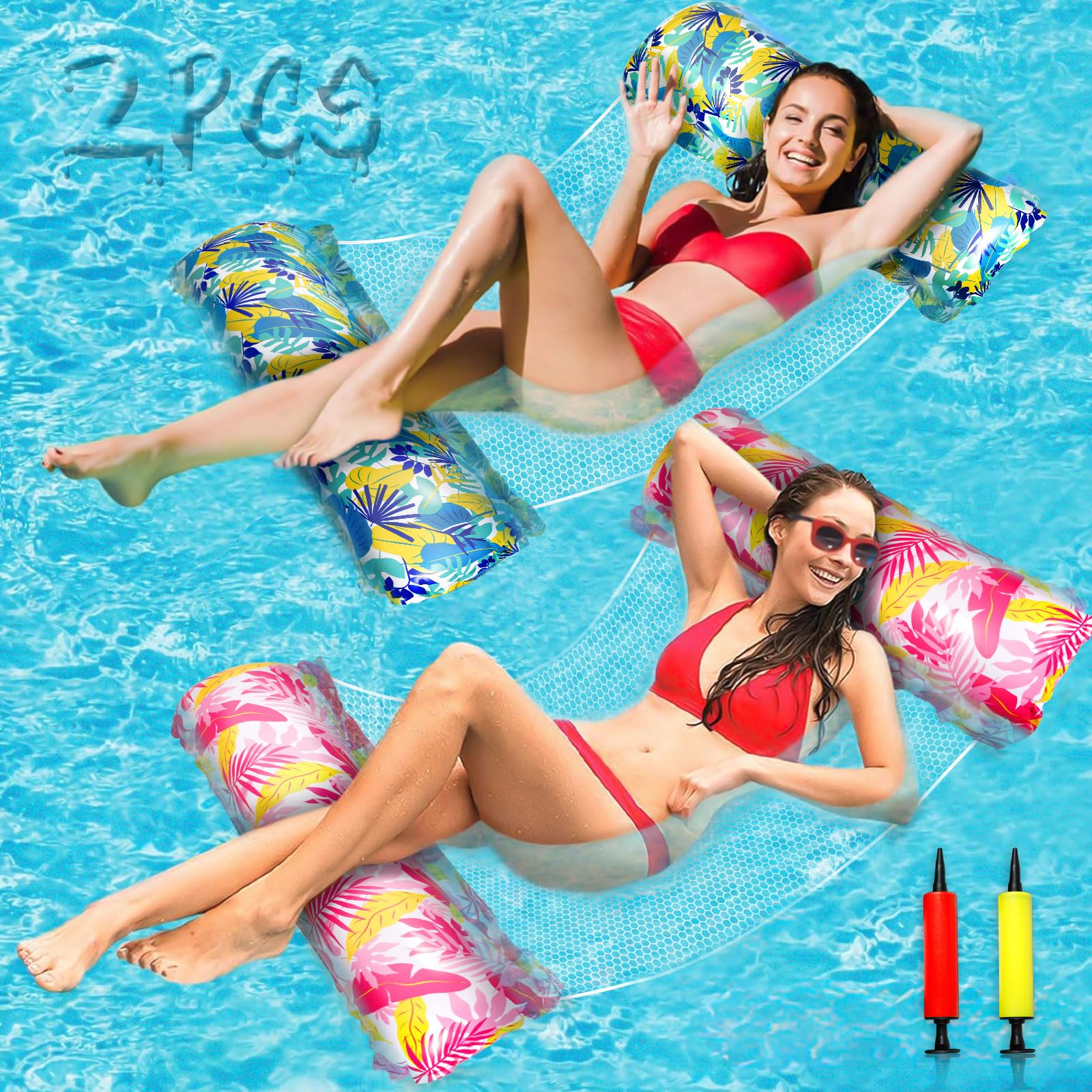 ZPQAODI Colchoneta Piscina Adultos, 2PCS Colchoneta Piscina Hinchable, 4 en 1 Hamaca Inflable Piscina con 2 Bomba de Aire, Multi-Propósito Tumbona Piscina Flotador de Agua Portátil para Piscina, Playa