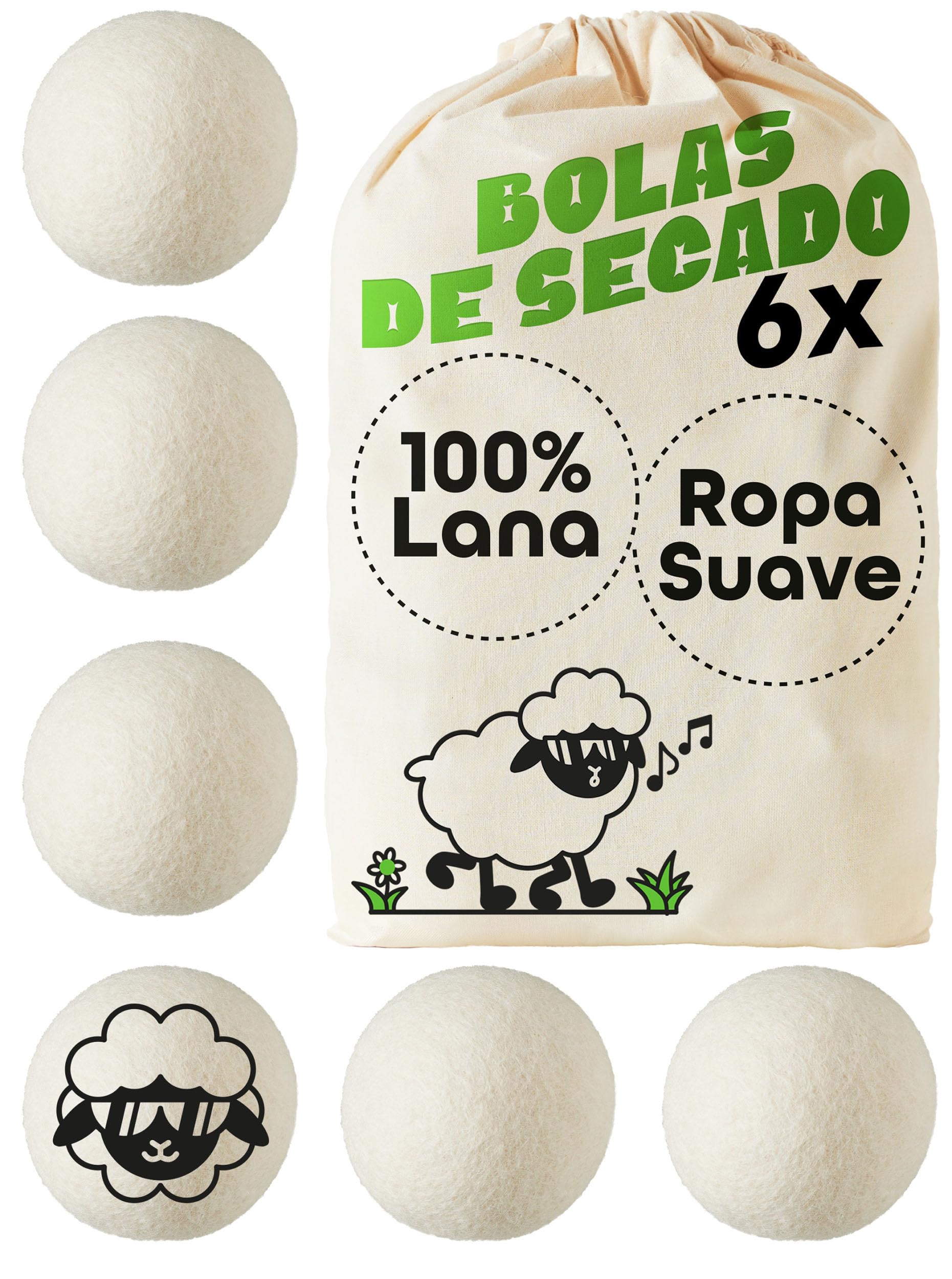 Praknu Bolas de Lana para Secadora Juego de 6-100% Lana de Oveja Ecológica - Ropa Suave y Esponjosa - Ahorra Energía - Ideal Para Plumón