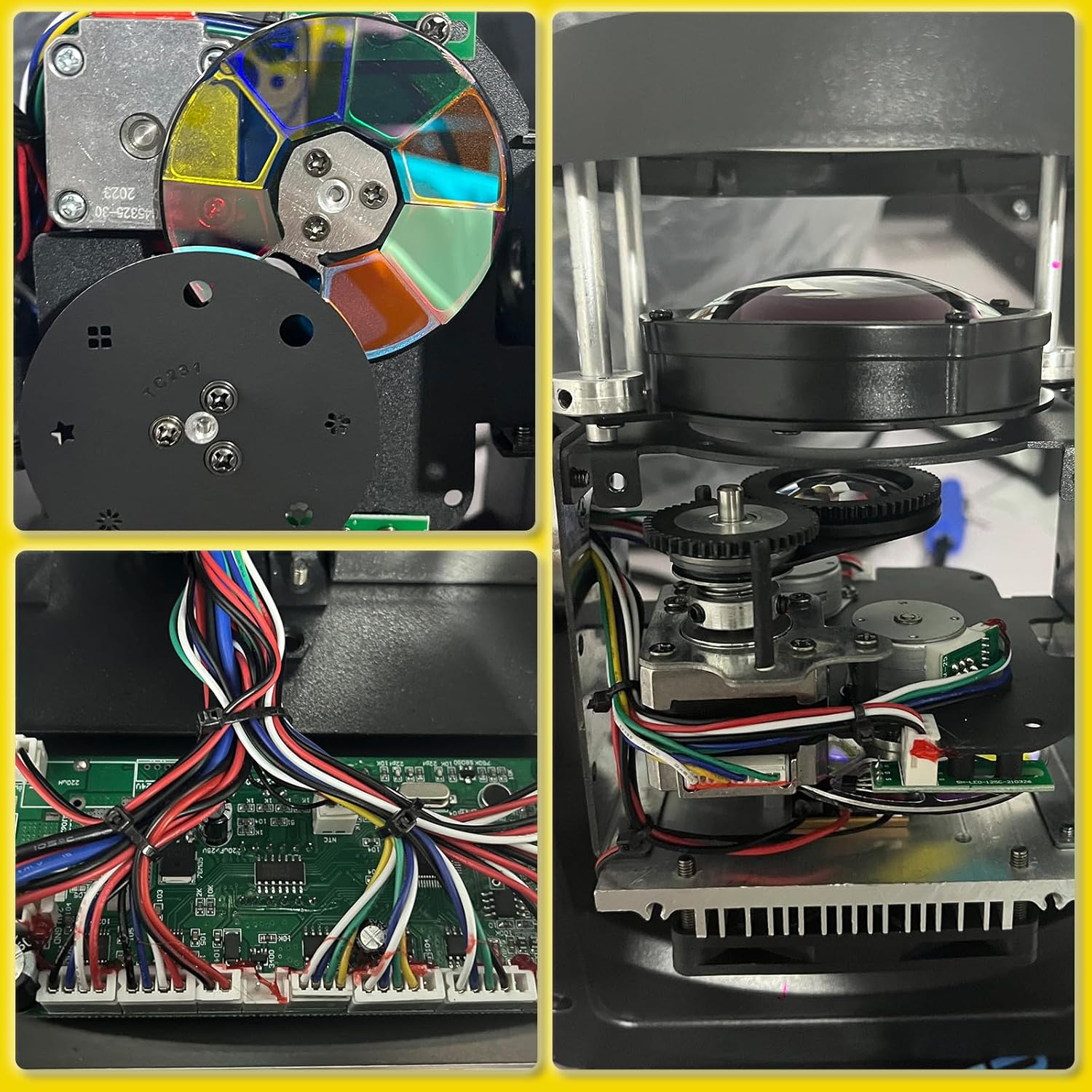 Internal components of the YUERLT Mini LED Moving Headlight, showing the gobo wheel, color wheel, lens, and cooling fan.