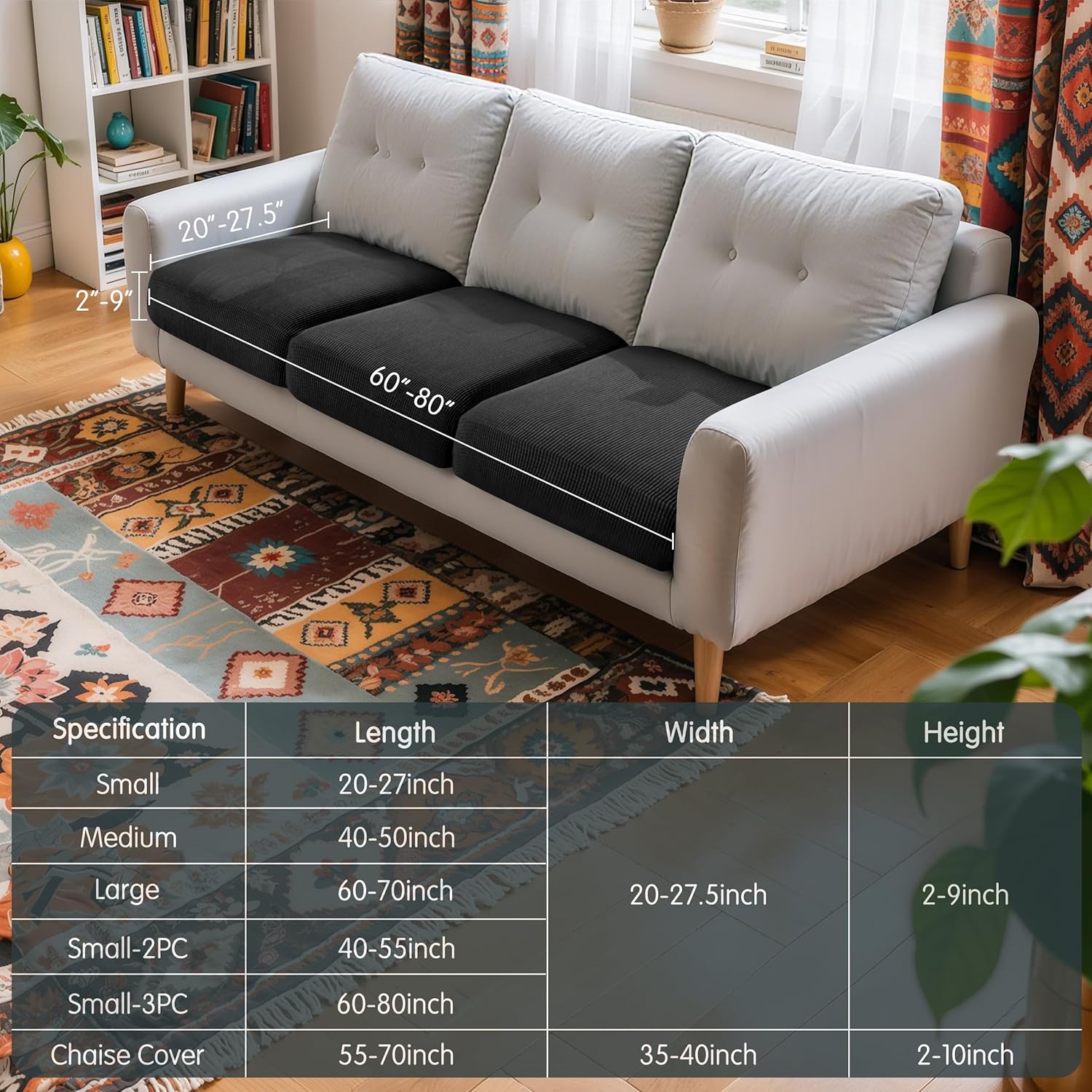Hokway Stretch Couch Cushion Covers, 3 Piece Individual Sofa Cushion Slipcovers，Jacquard Sofa Seat Slipcover Set, Non-Slip Protector for Cushion (Black,Small-3PC)