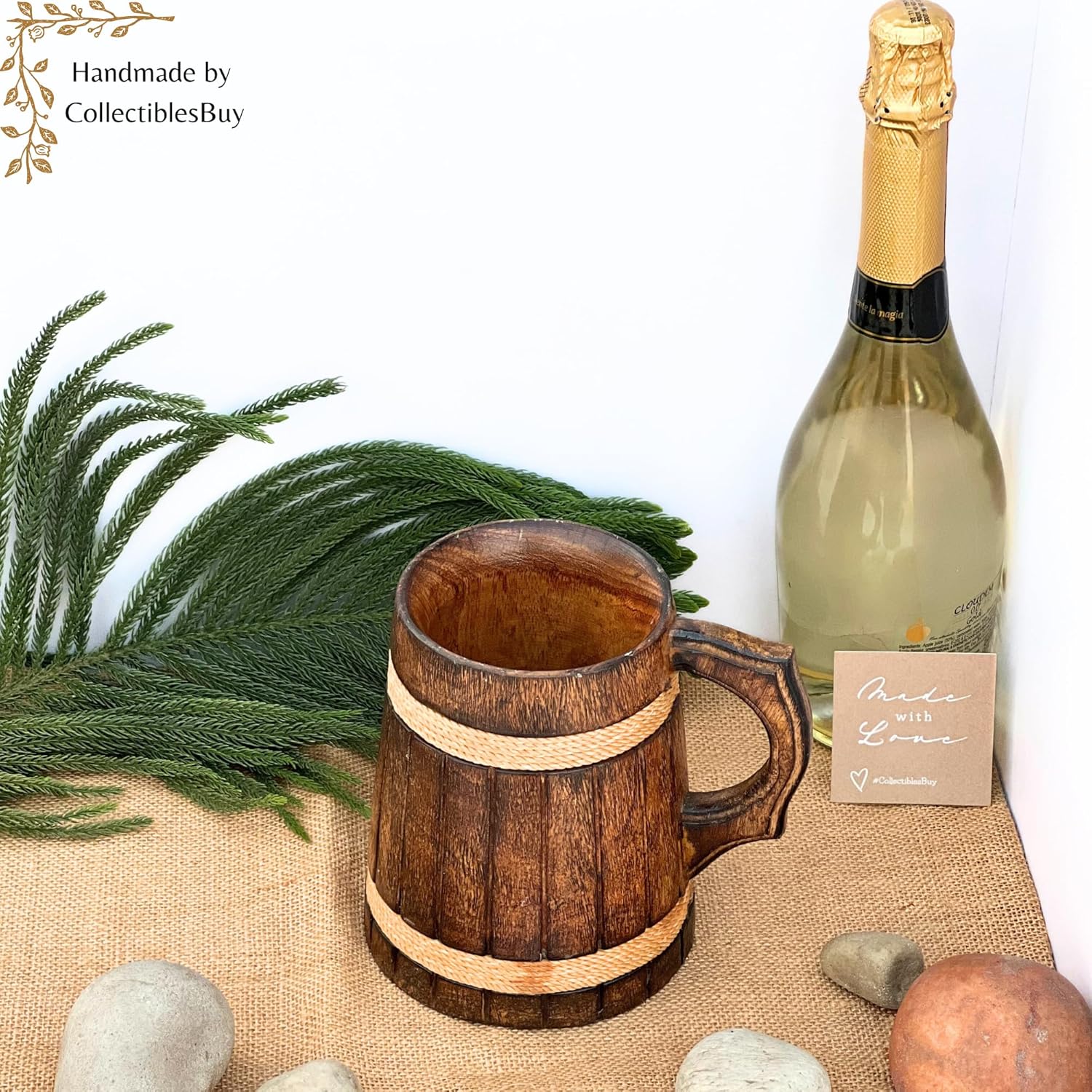 Medieval Wooden Beer Mug – Rustic Tankard Handmade Ancient Style Stein Souvenir Drinkware for Ale Coffee Groomsmen Gift Kitchen Bar Home Decor