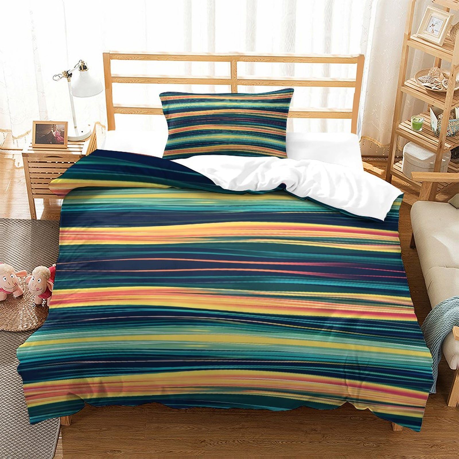 P1S9U7W5Y Colourful Stripes 3D Printed Duvet Cover Set 3pcs Microfiber Rainbow Lines Bedding Set Single（135x200cm）