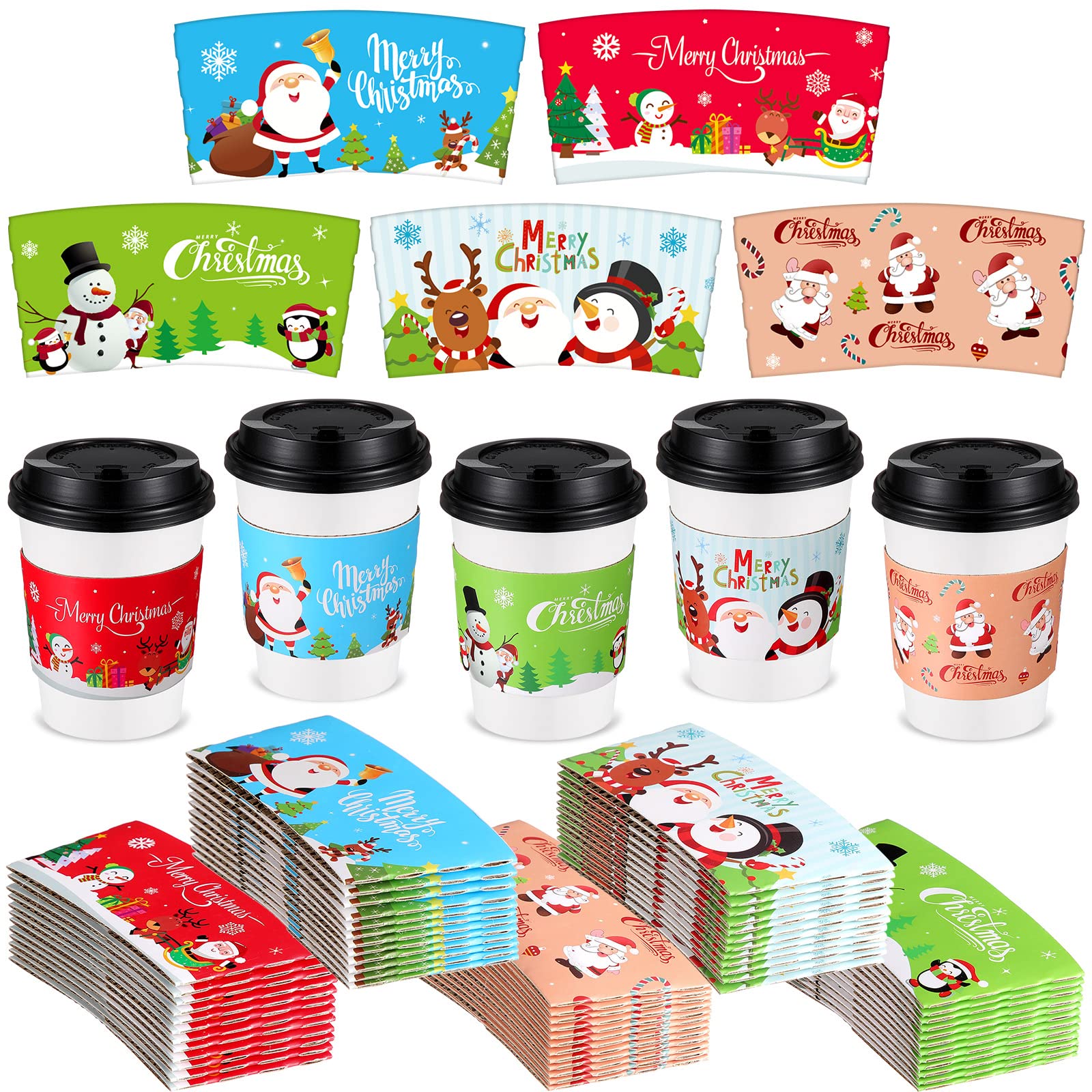 Remerry 125 Pack Winter Christmas Disposable Coffee Cup Paper Sleeves Xmas Santa Holiday Tea Hot Chocolate Cocoa Sleeves for 12oz 16oz Cups (Colorful)