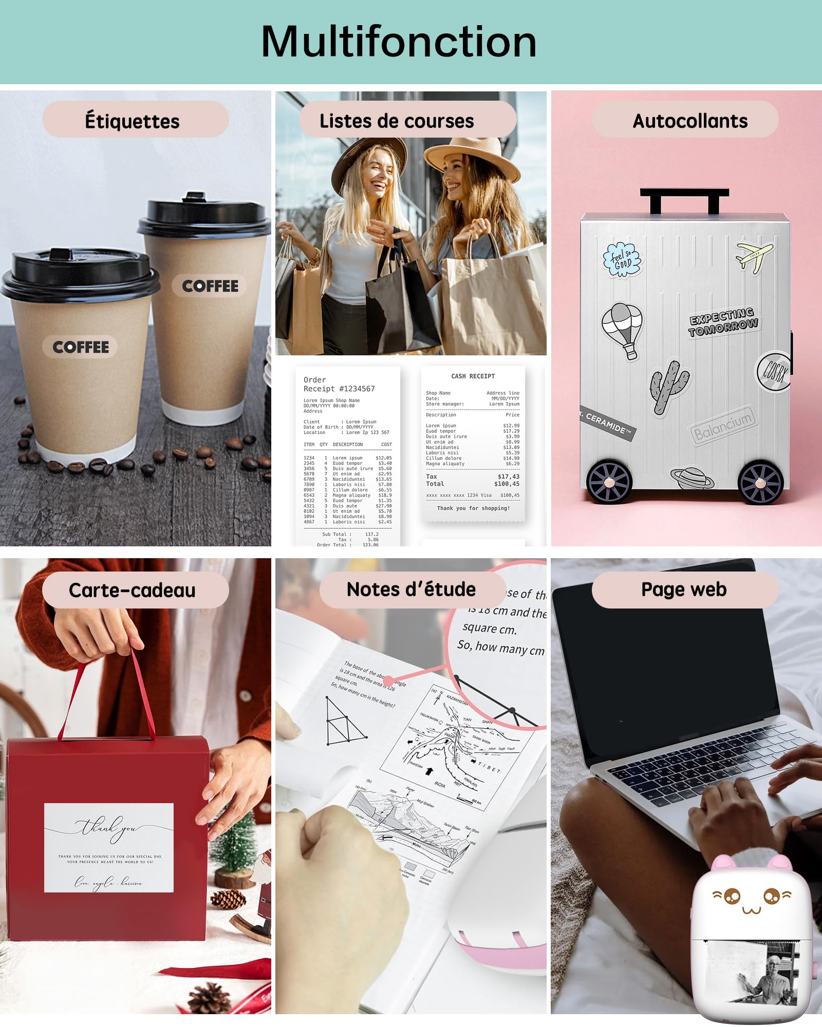Mini Impresora portátil, Impresora de calcomanías sin Tinta con 8 Rollos de Papel, Mini Impresora térmica inalámbrica Bluetooth Compatible con iOS + Android para Diario, Notas, Fotos, cápsulas de