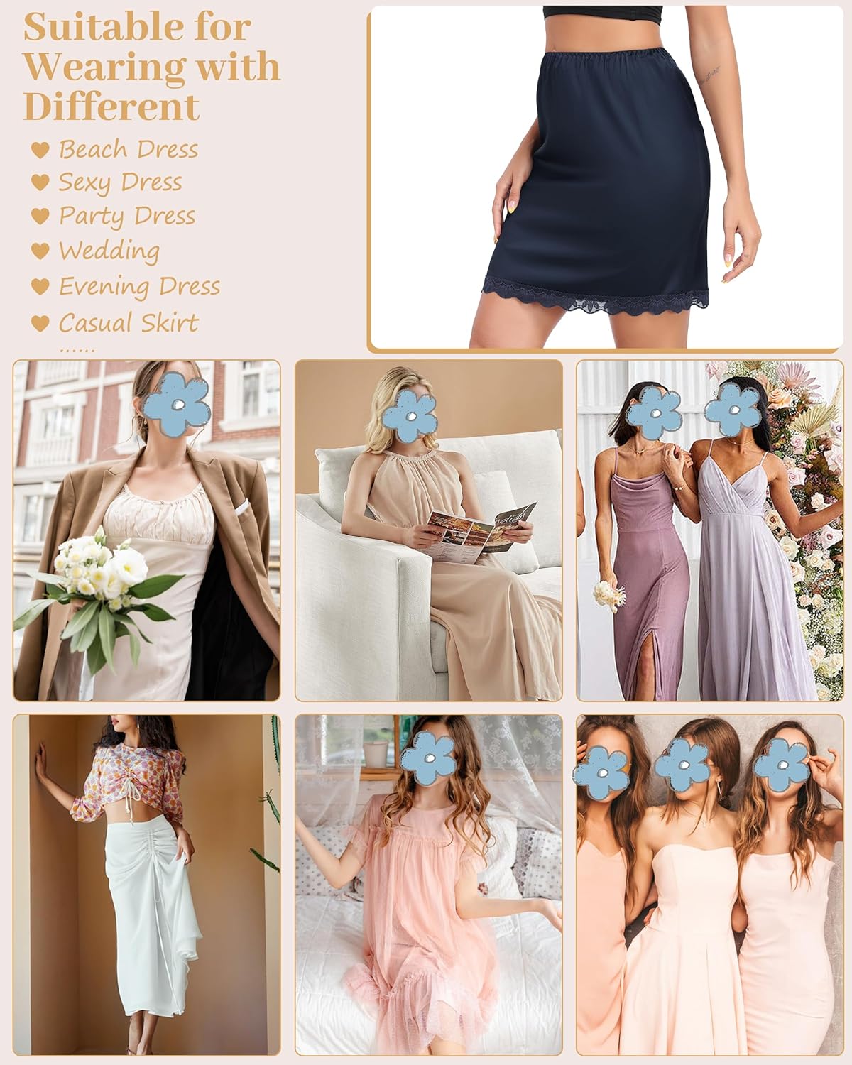 Vlazom Women's Satin Half Slip - High Waisted Silky Underskirt with Lace Trim,Anti-Static Slip Skirt for Dresses S-3XL - Image 5