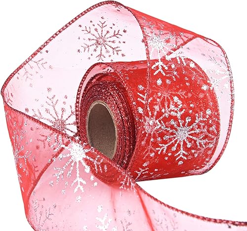 Miniatura 8 de Livder Cinta de Navidad de 2.5 pulgadas de ancho con alambre de copo de nieve, organza transparente con purpurina para árbol de Navidad, corona,