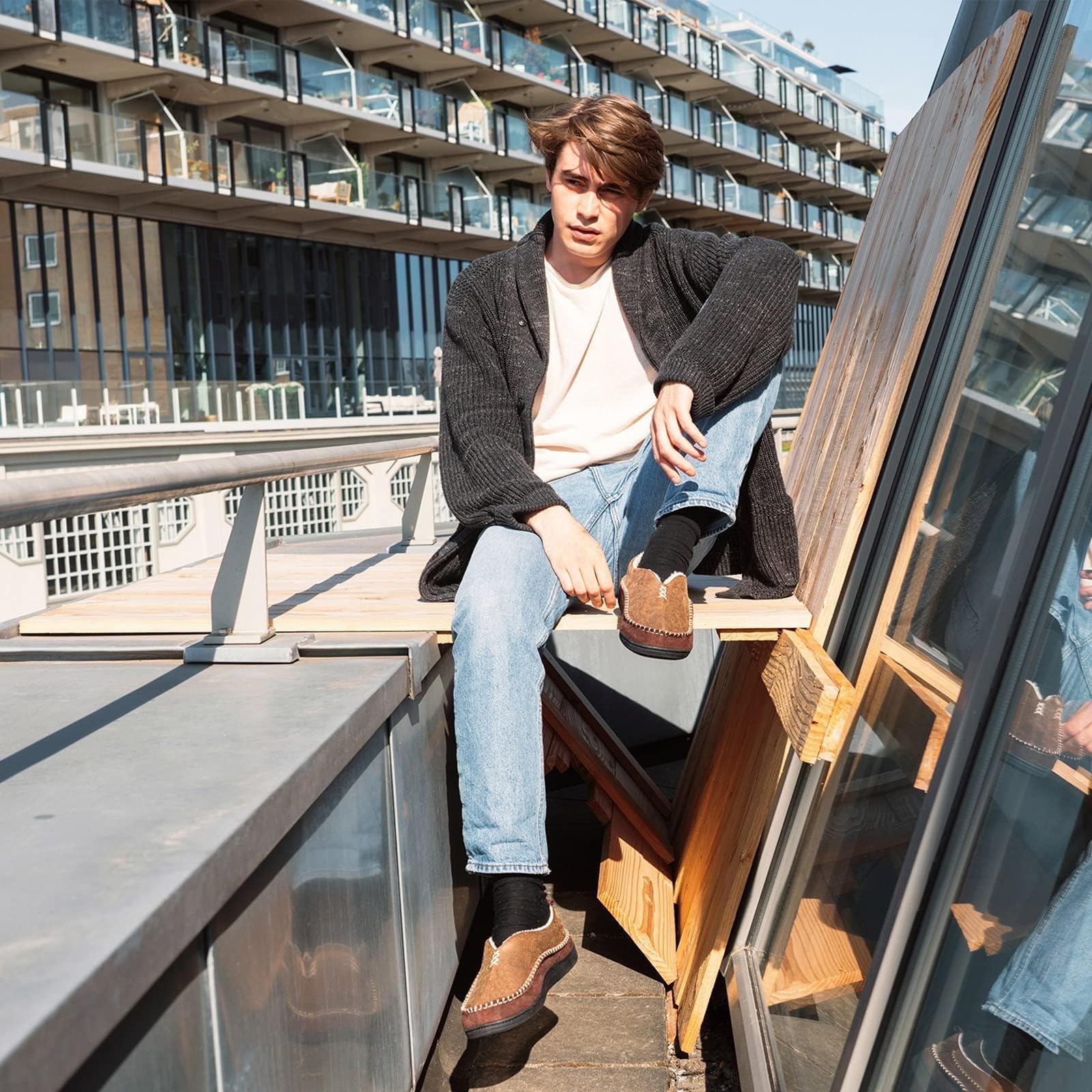 EverFoams - Pantofole Mocassino in Micro Suede Memory Foam con Fodera in Sherpa Fuzzy e Suola Antiscivolo per Uomo