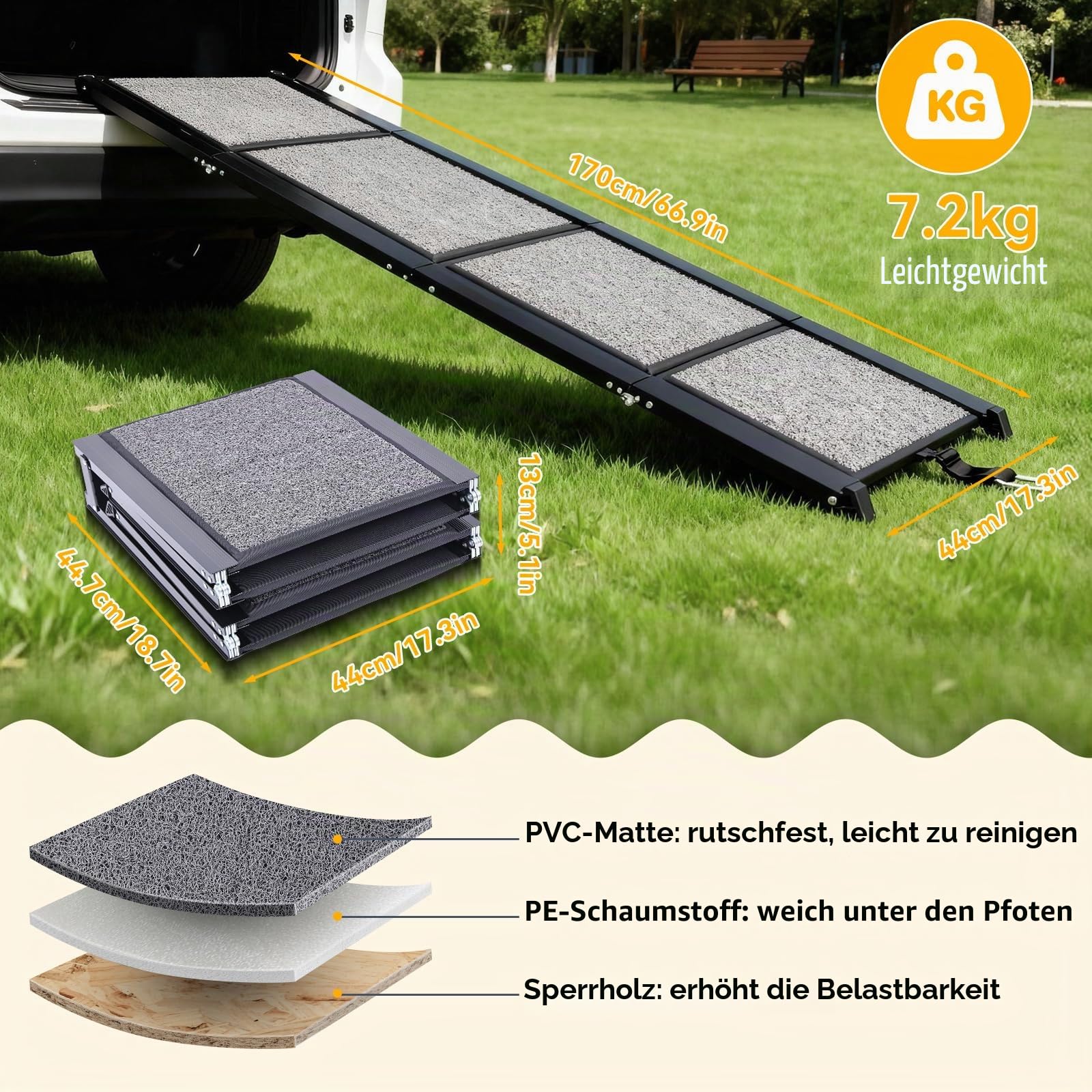 【170cm Faltbare Hunderampe für Autos】Rutschfeste Haustiertreppe für mittelgroße und große Hunde bis zu 7 kg, leichte tragbare Haustiertreppe für Auto, SUV, LKW, Bett, Sofa, Innen- und Außenbereich