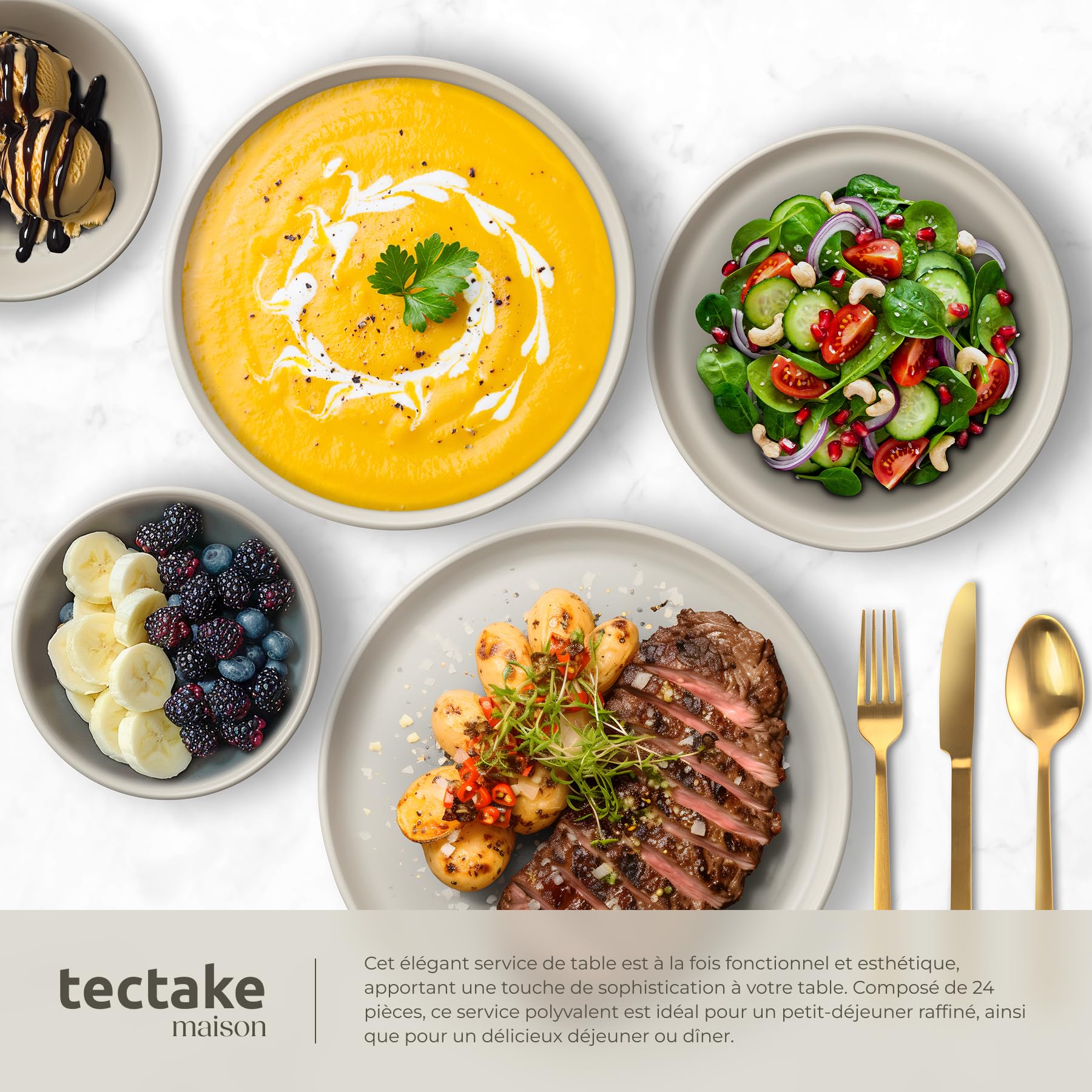 tectake® Set de cuisine 40 pièces, Service de table 6 personnes et Batterie de cuisine, Poêles Casseroles, Service vaisselle, Assiettes plates Assiettes creuses, Bol, Spatule Louche, Vaisselle en grès