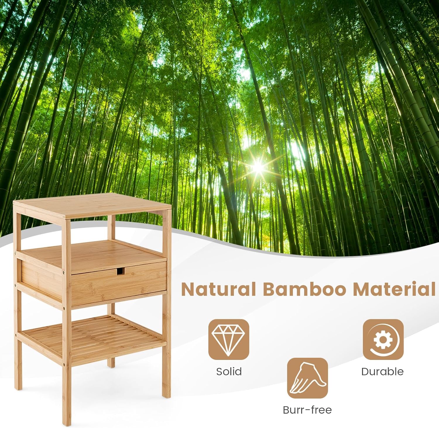 LOKO Bamboo Nightstands Set of 2, Wood Bedside Tables with Pull-Out Drawer & Storage Shelf, Simple Style End Tables for Bedroom, Office, Study, Natural