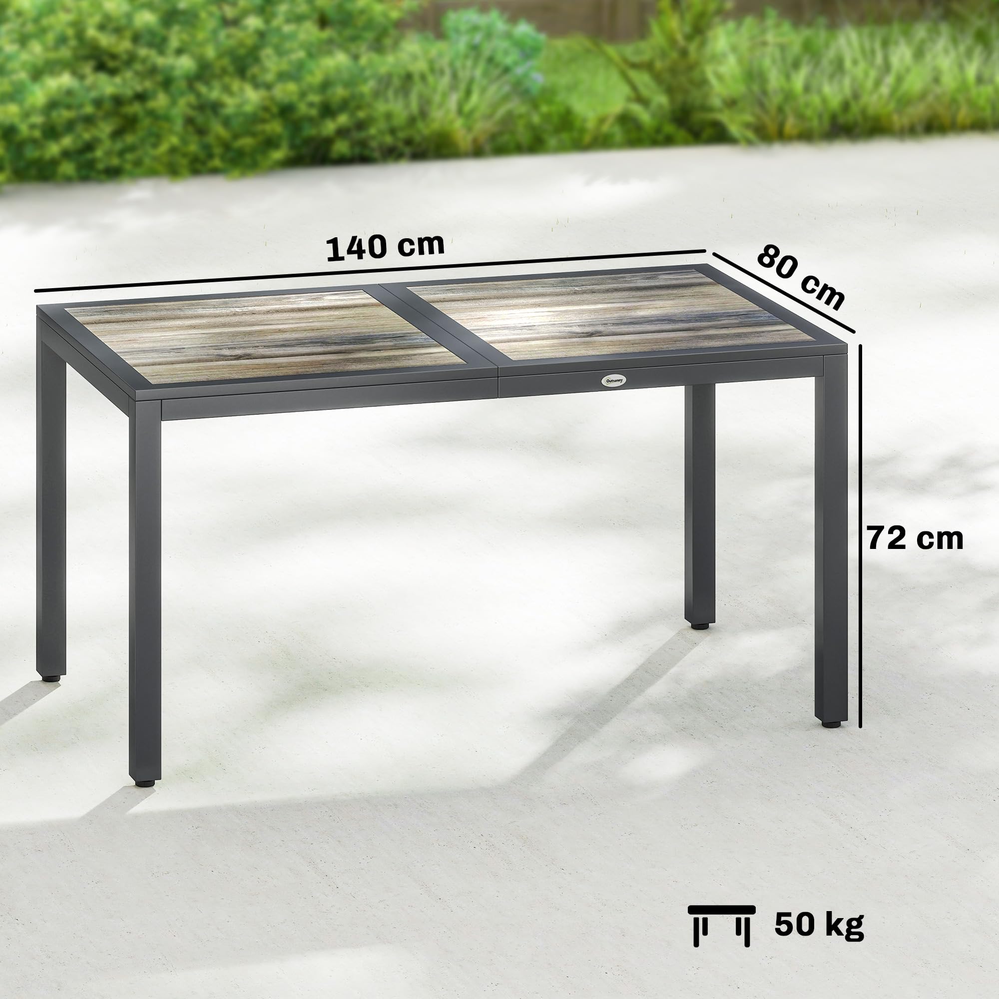 Outsunny Tavolo Giardino Rettangolare Acciaio 140x80x72cm Grigio Scuro | Per 4-6 persone, tavolo da pranzo outdoor, piano effetto legno, ideale per patio, balcone, portico