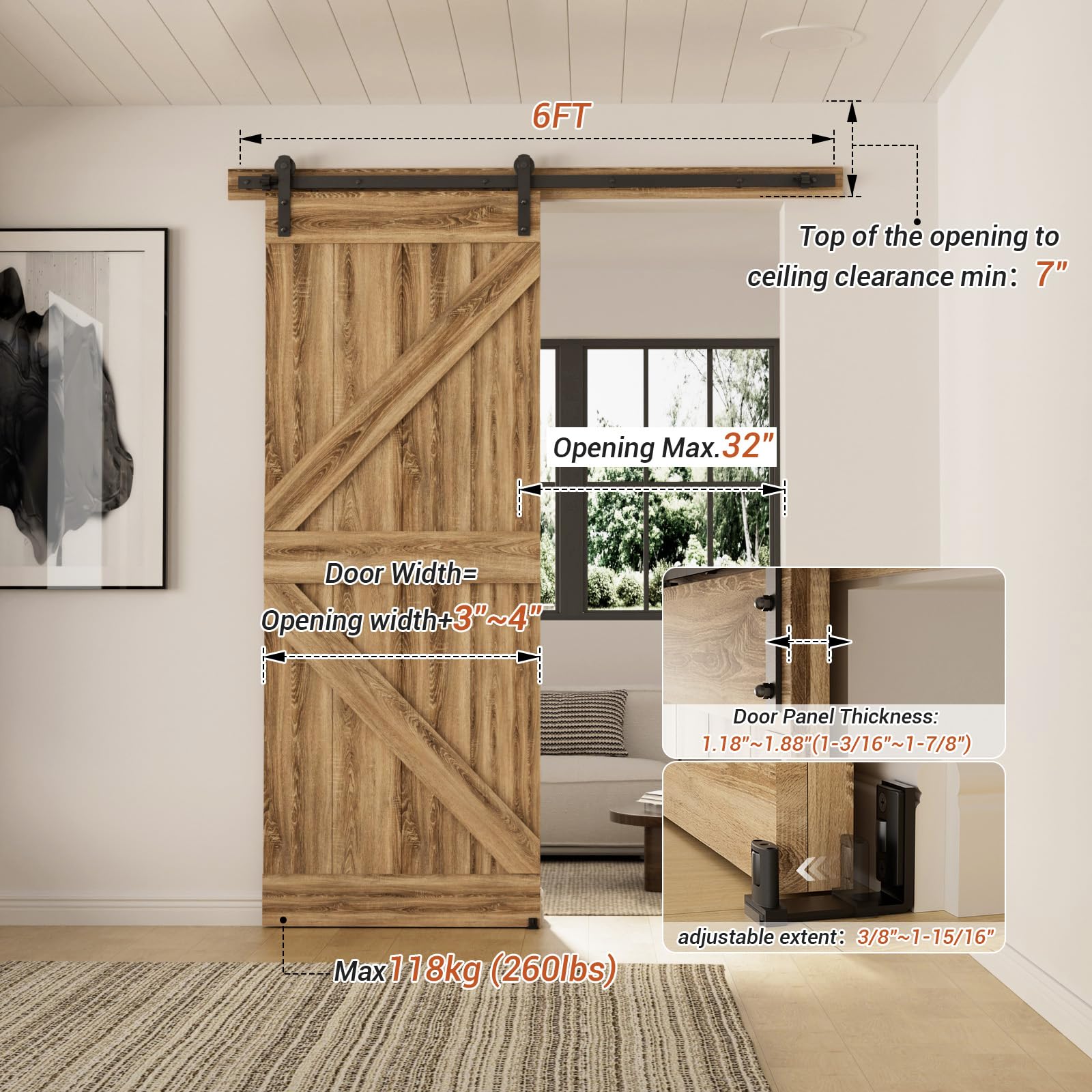 72”/6FT Sliding Barn Door Hardware Kit with Adjustable U Shape Barn Door Floor Guide, Wall Mount Rail, Splicing Track Kit (Door not Included) — Amazon image 3