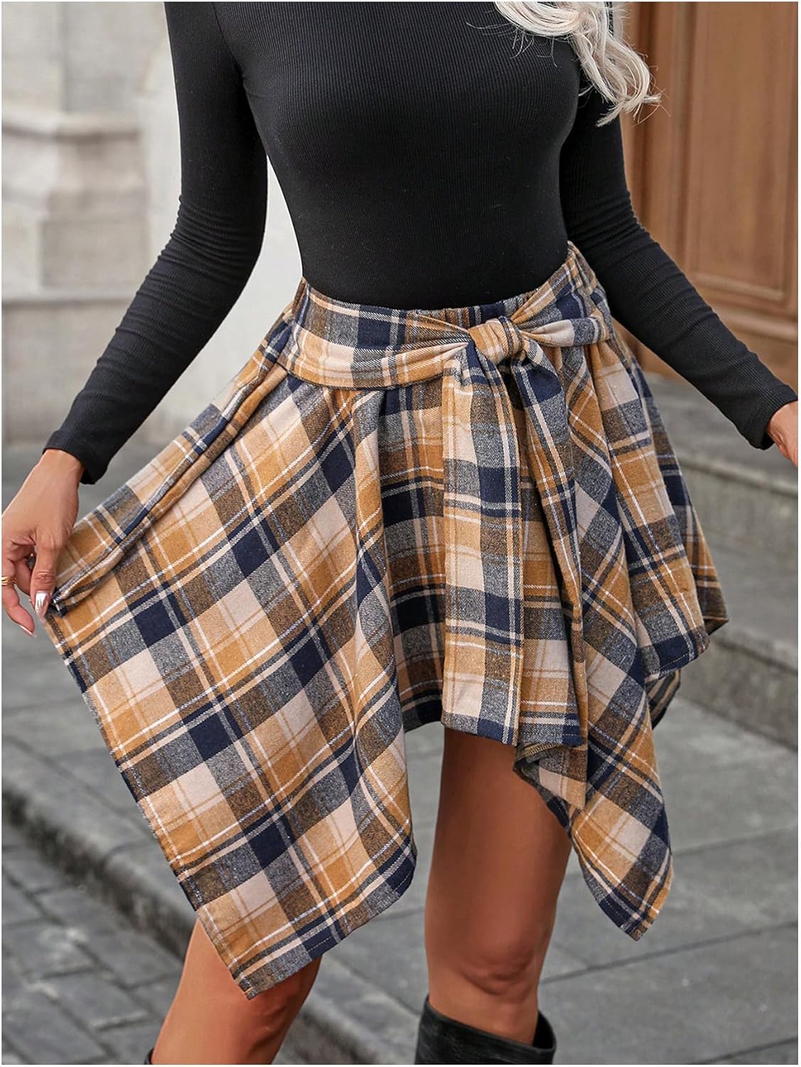 Milumia Women's Plaid Asymmetrical Hem Ruffle Skirt Knot Front High Waist Short Skirts - Image 4