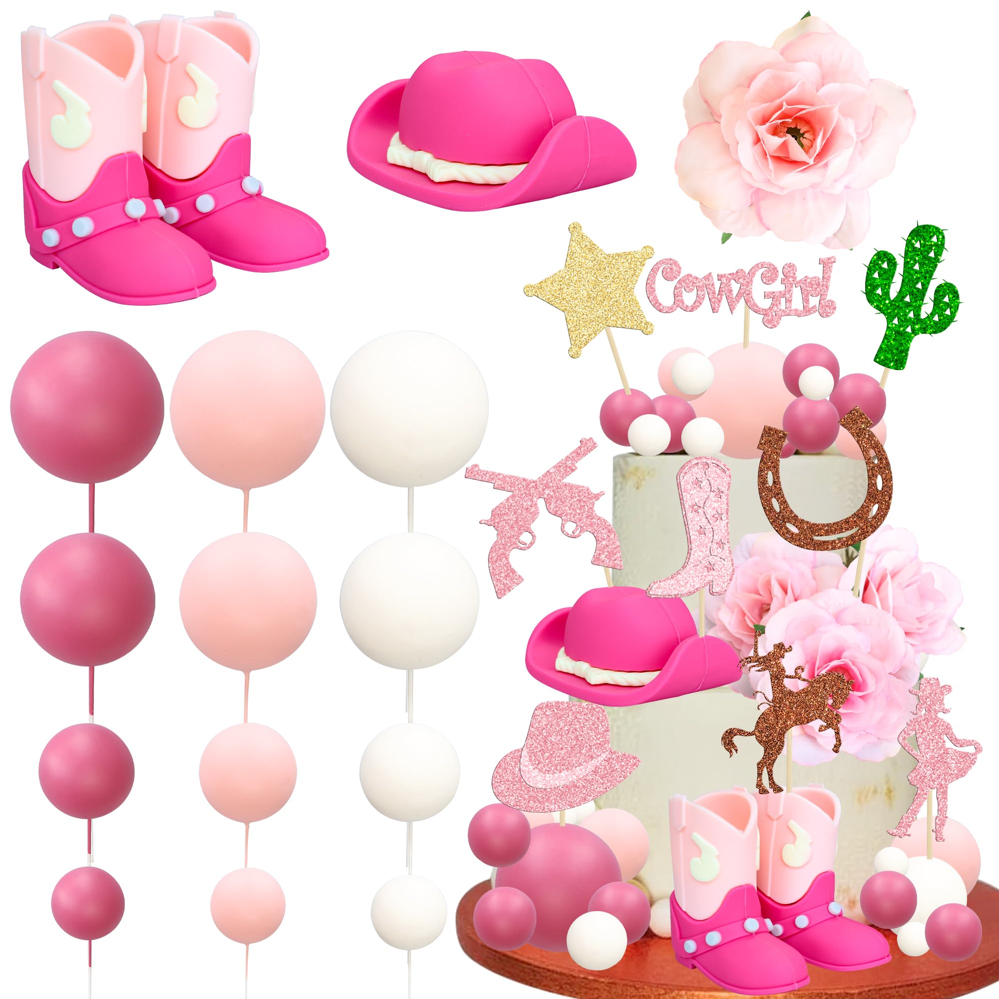 Ephlyn 33 Pack Cowgirl Cake Decorations Cowgirl Hat and Boot Cake Toppers Western Cowgirl Birthday Baby Shower for Western Theme Party Favors Supplies Pink