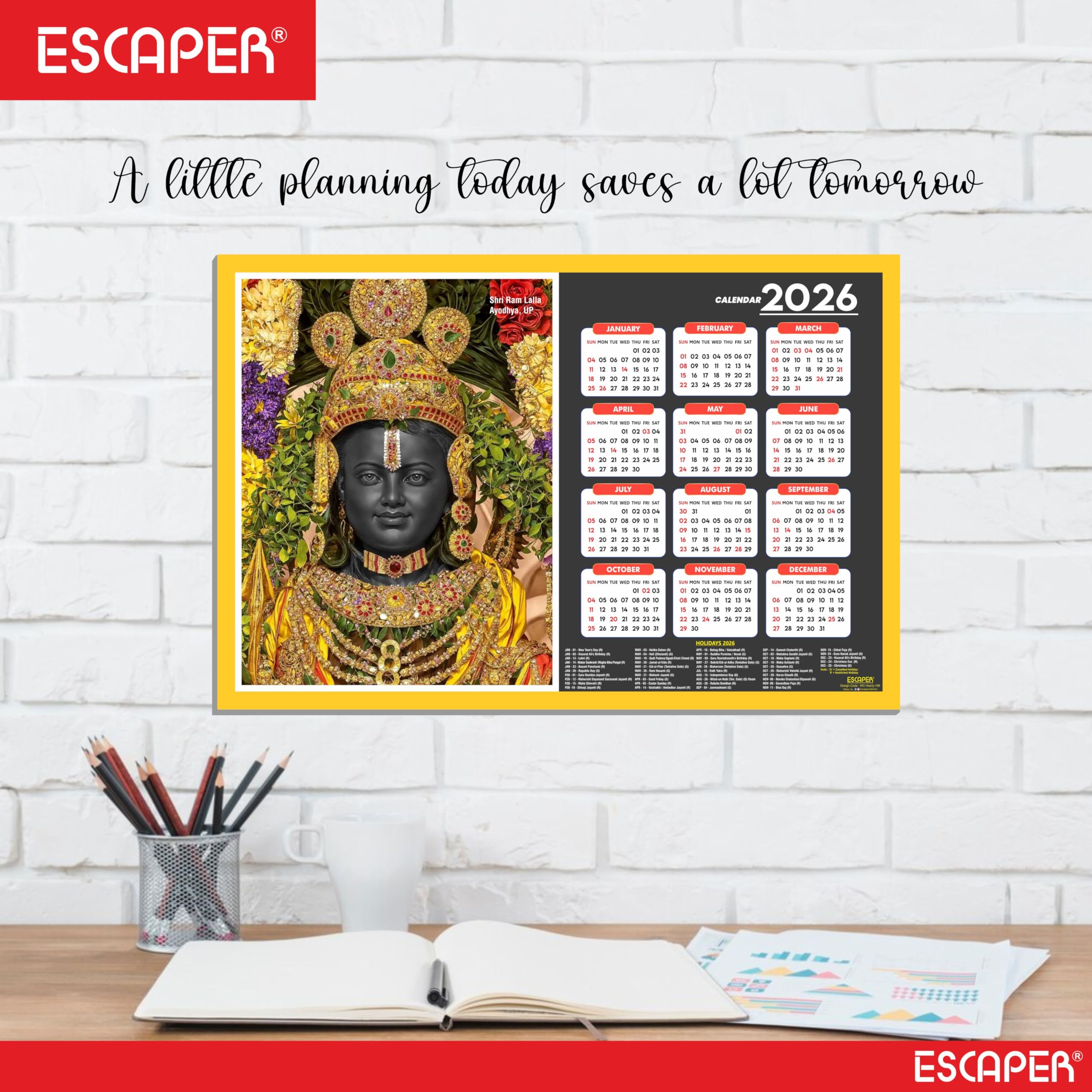 ESCAPER Calendario de pared Shri Ram Lalla 2026 – 45 x 30 cm, templo Shri Ram Lalla y fotos, calendario de pared religioso del dios hindú para el hogar, la oficina y la habitación Pooja