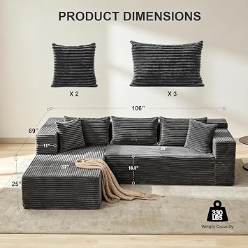106 L Shaped Modular Cloud Sectional Sofa with Cushions, Grey