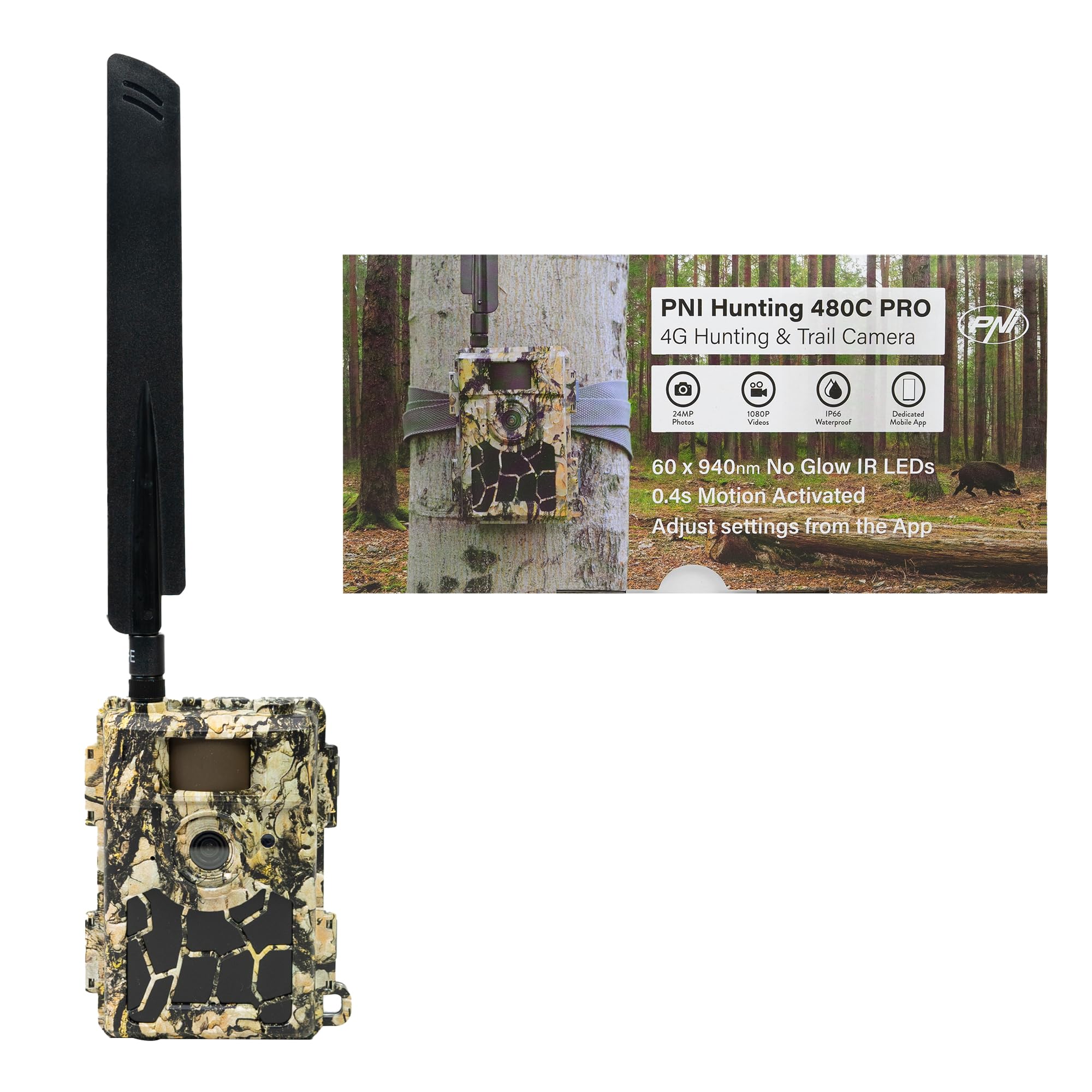 PNI Hunting 480C Pro Wildkamera – 24 MP Full HD mit 4G-Konnektivität, GPS, Infrarot-Nachtsicht, IP66 wasserdicht, schnelle Auslösegeschwindigkeit für Wildtierüberwachung und Sicherheit