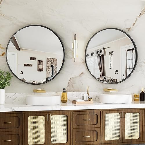 Miniatura 3 de Suidia Espejo de pared, espejo de marco de metal negro de 24 pulgadas, espejo de pared redondo para baño, tocador, sala de estar, entrada, espejo de
