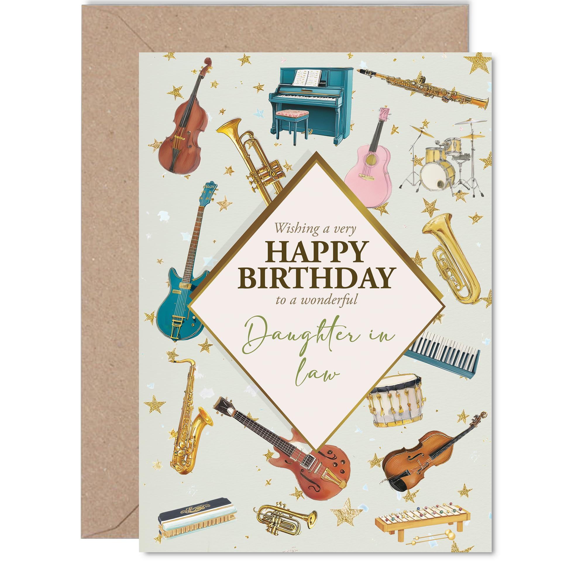 Daughter in Law Birthday Card - Music Lover - Happy Birthday Card for Daughter in Law from Father Dad Mother Mum, 5x7 Inch Bass Acoustic Electric Guitar Bday Greeting Cards
