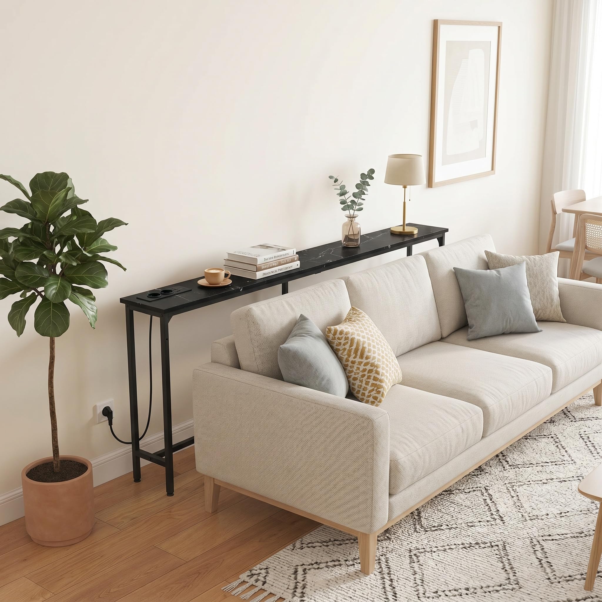 Tavolo Consolle per Ingresso con Presa L 180 cm Effetto Marmo&Nero/1 Pezzo | Consolle Dietro Divano Tavolino Laterale per Corridoio Ingresso Veranda Balcone Soggiorno, Faux Marmo e Nero/180x20x80 cm