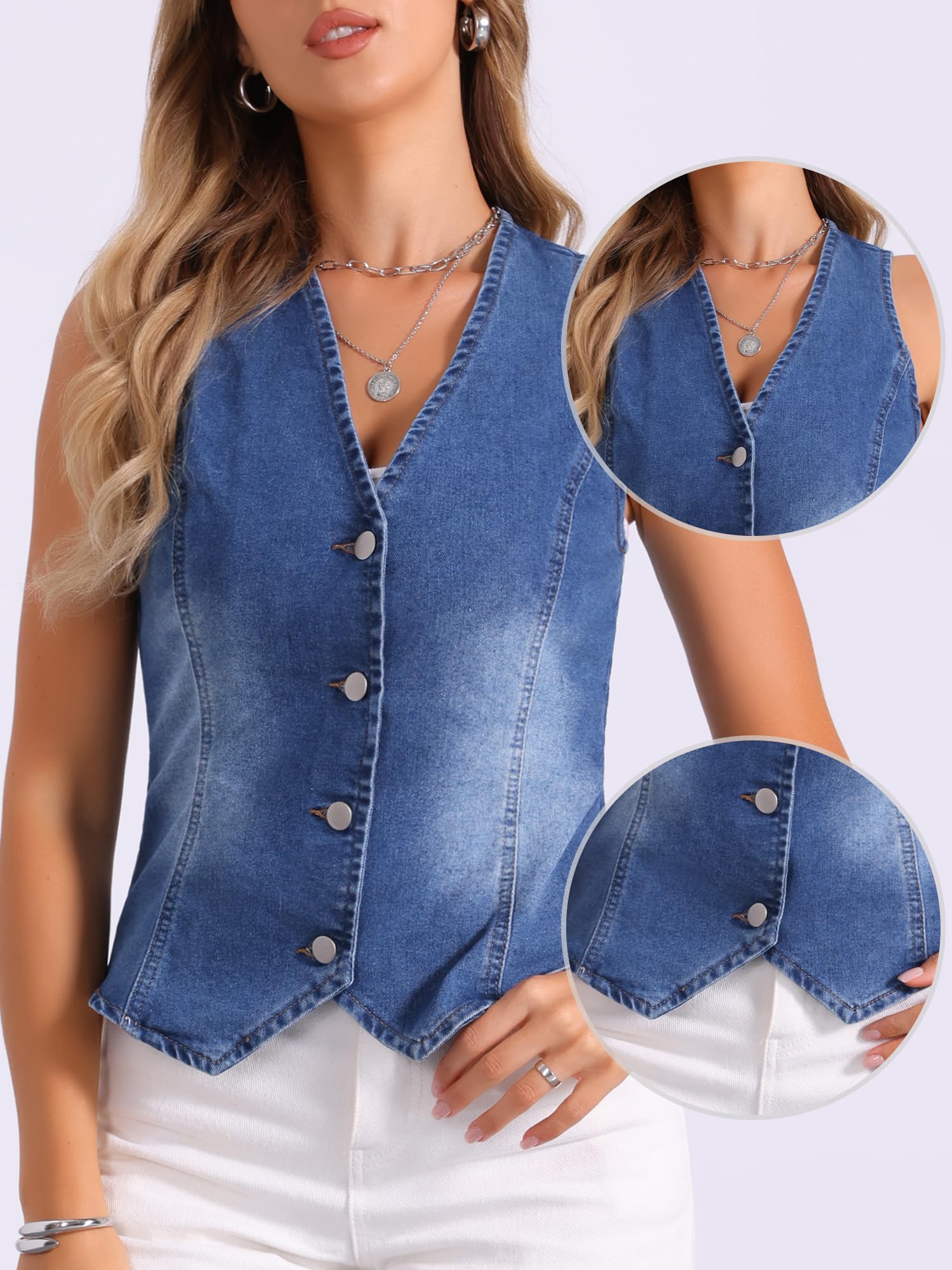 Allegra K Chaleco vaquero para mujer con cuello en V, tira de botones, elegante, sin mangas, chaqueta vaquera
