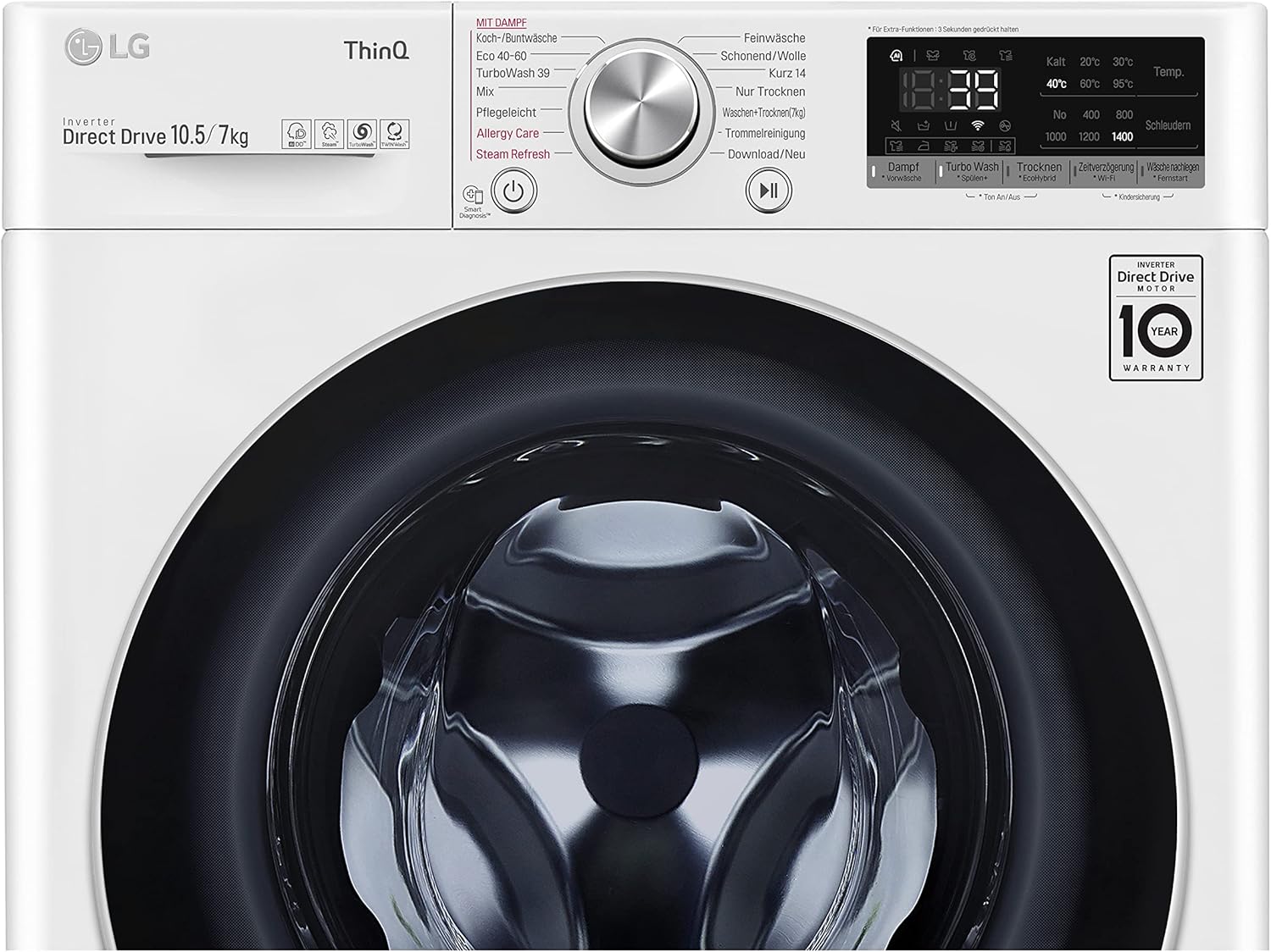 Side view of the LG V7WD107H2E Washer Dryer showing hose connections