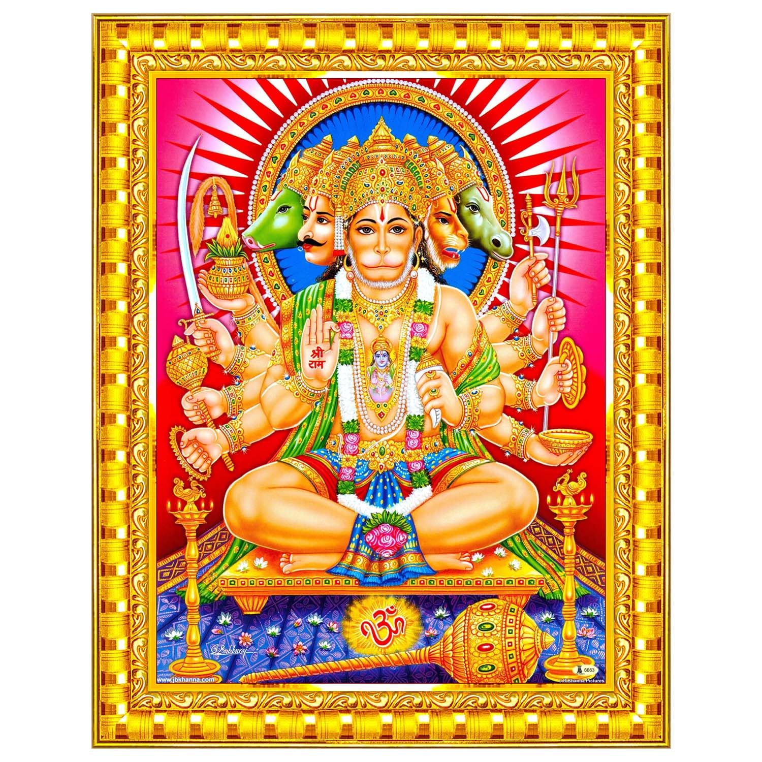 Pavan Photo Laminations Panchmukhi Hanuman for Door Entrance Vastu Wall Painting Framed Home Decor (Wood,Matte,Gold,Small Size,6 x 8 Inch) R780S-image-5